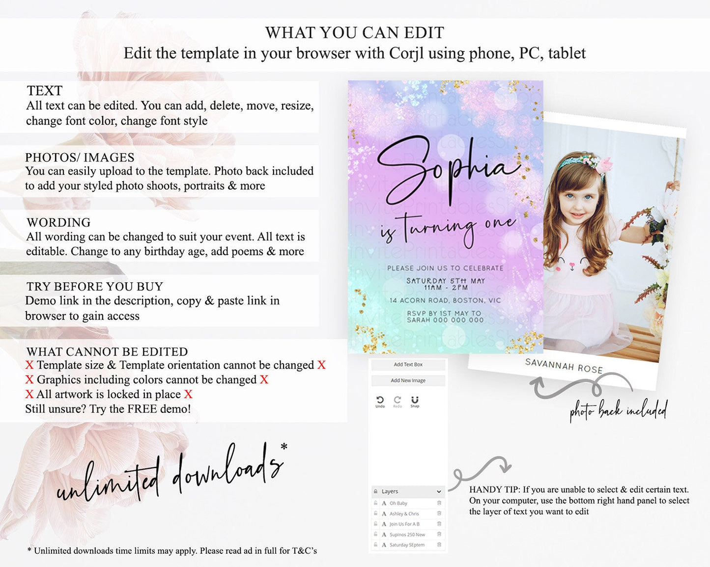 Pastel Birthday Invitation Ombre Watercolor Birthday Invitation Glitter Rainbow Color Splash 1st 2nd 3rd Birthday Invitation D23109