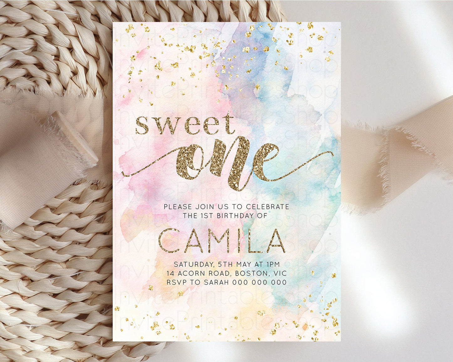 Rainbow Birthday Invitation Glitter Pastel Invitation Colorful Watercolor Gold Foil Splatter Sprinkle Ombre 1st 2nd 3rd Sweet One Invite 276