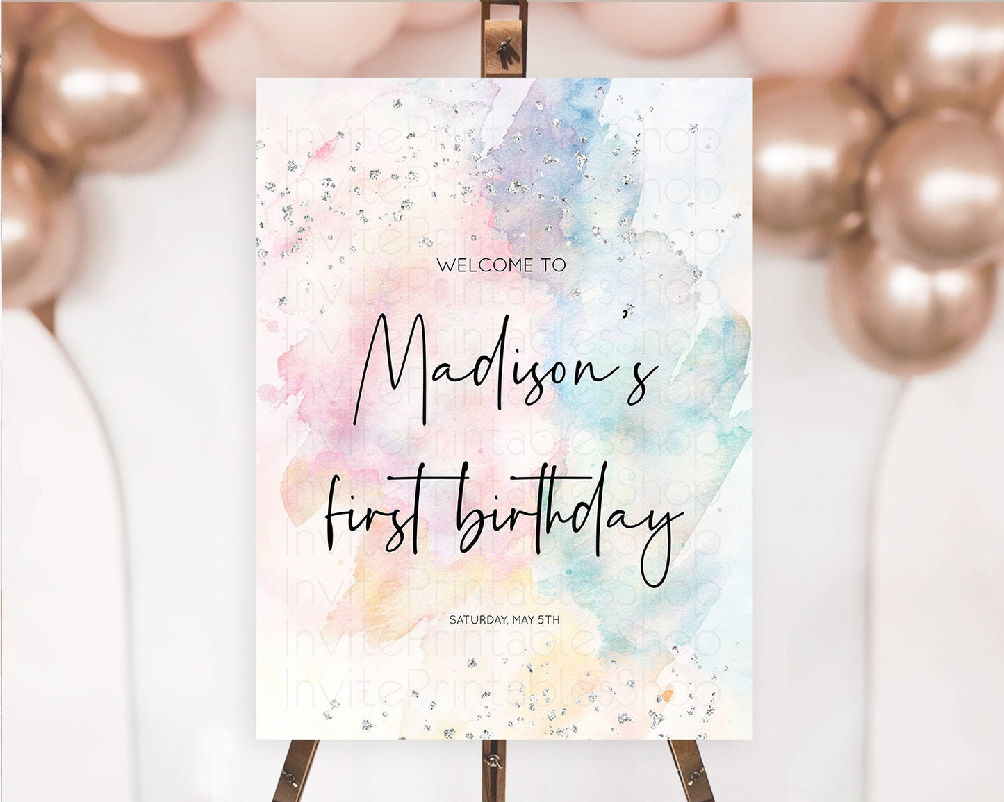 Pastel Rainbow Welcome Sign Pastel Welcome Board Pastel Colorful Party Poster Confetti Watercolor Silver First Birthday Welcome Sign D10945