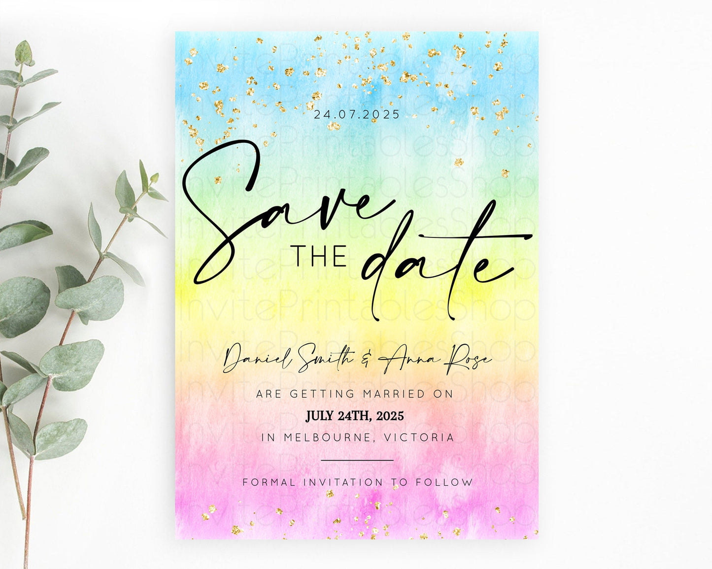 Pastel Save The Date Template Pastel Ombre Rainbow Watercolor Colorful Party For Birthday Baptism Baby Shower Wedding Bridal Shower D10483