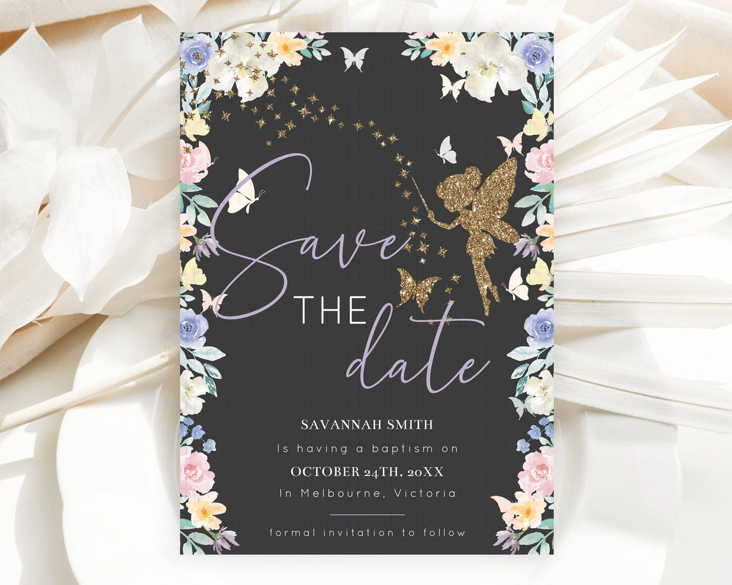 Fairy Save The Date Template Enchanted Garden Pastel Floral Butterfly Party Secret Garden Birthday Baptism Baby Shower Bridal Shower D10881