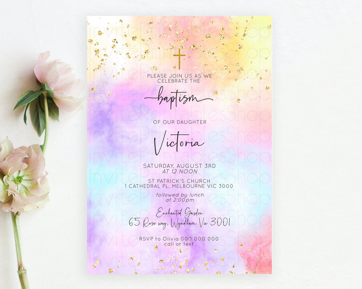 Pastel Baptism Invitation Pastel Colors Watercolor Baptism 1st Birthday Party Gold Ombre Pastel Rainbow Christening Holy Communion D10437