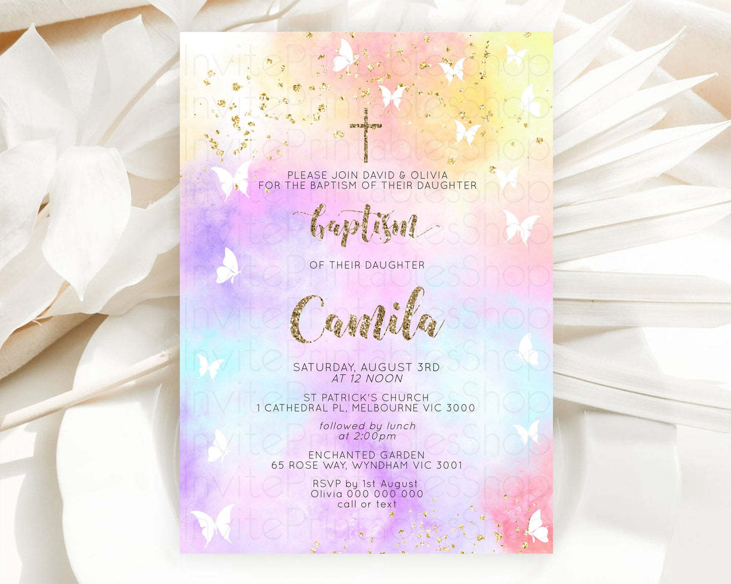 Pastel Baptism Invitation Pastel Colors Watercolor Baptism 1st Birthday Party Gold Ombre Pastel Rainbow Christening Holy Communion D10435