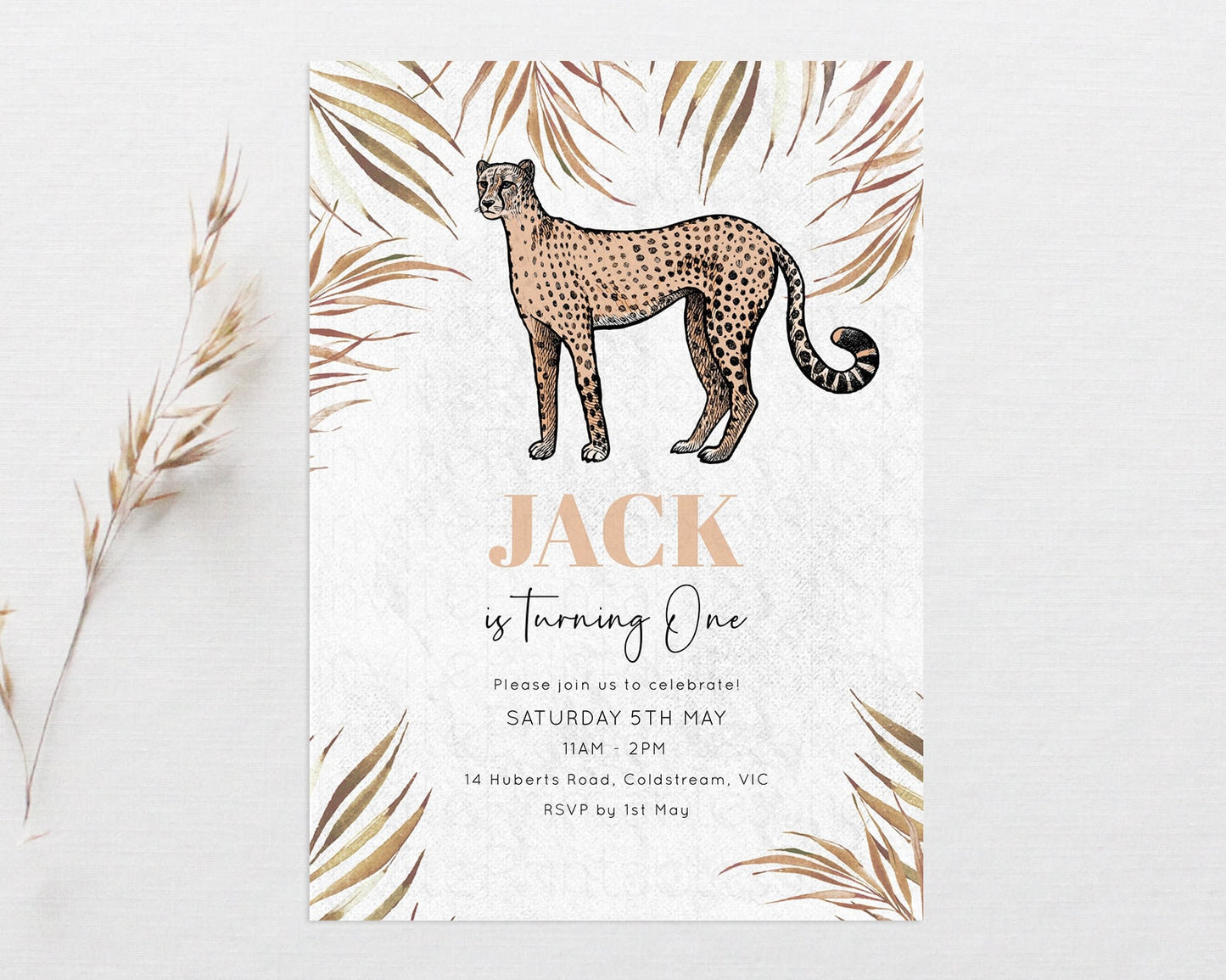 Cheetah Birthday Invitation Cheetah Invite Dried Tropical Palms Leaf Jungle Safari Adventure Zoo Party Wild Party Animal Custom Editable 287