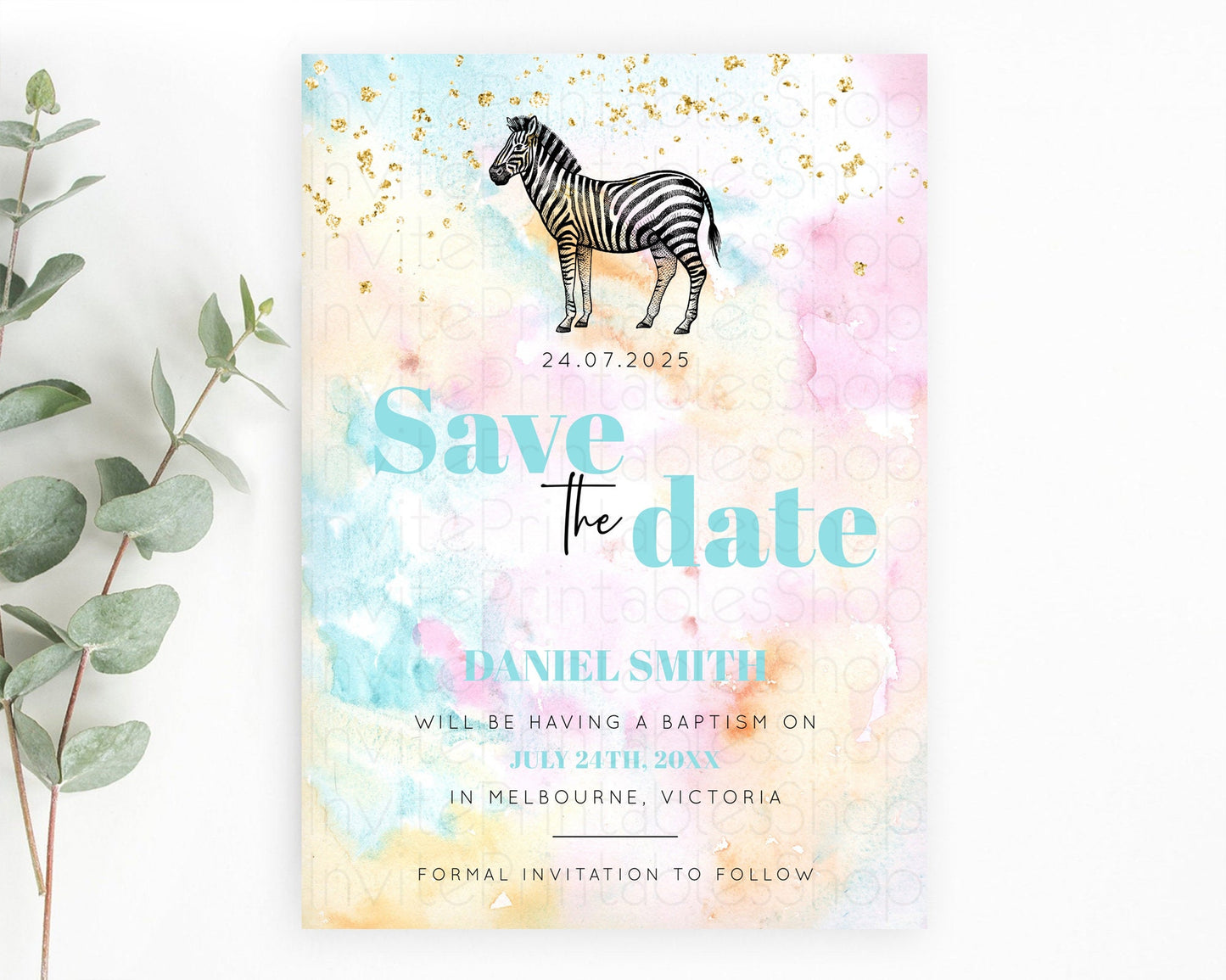 Pastel Zebra Save The Date Template Rainbow Watercolor Zebra Party Save The Date Colorful Zebra Theme Birthday Baptism Baby Shower D10281