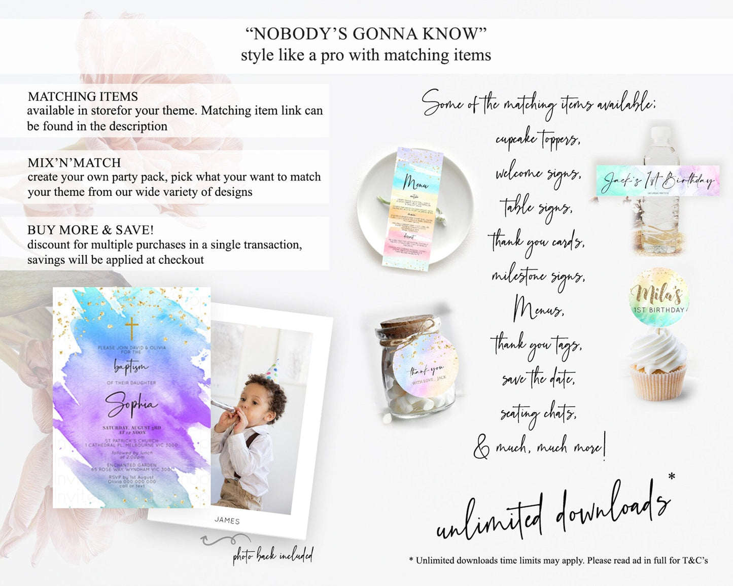 Pastel Baptism Invitation Pastel Colors Watercolor Baptism 1st Birthday Party Gold Ombre Pastel Rainbow Christening Holy Communion D10491