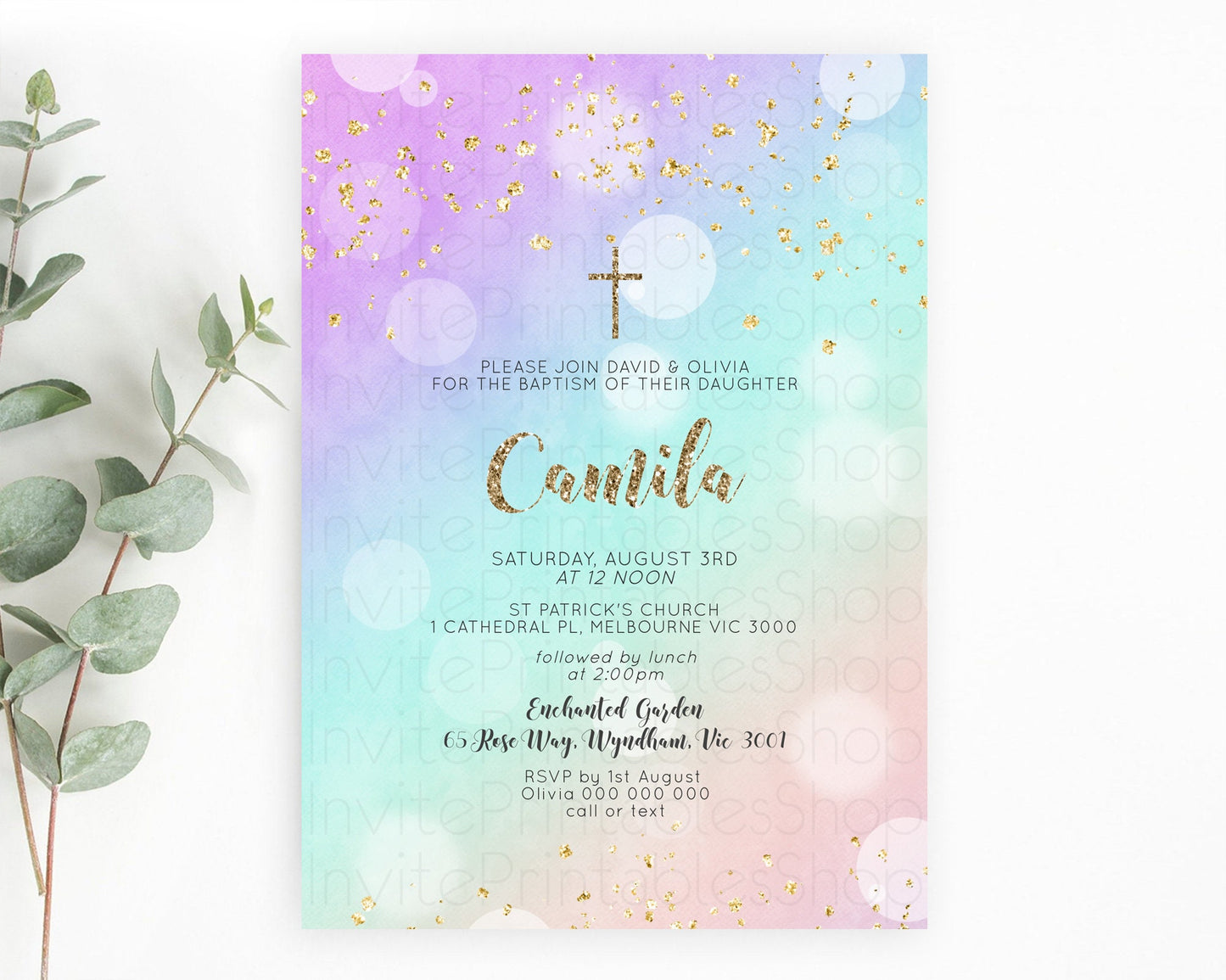 Pastel Baptism Invitation Pastel Colors Watercolor Baptism 1st Birthday Party Gold Ombre Pastel Rainbow Christening Holy Communion D10621