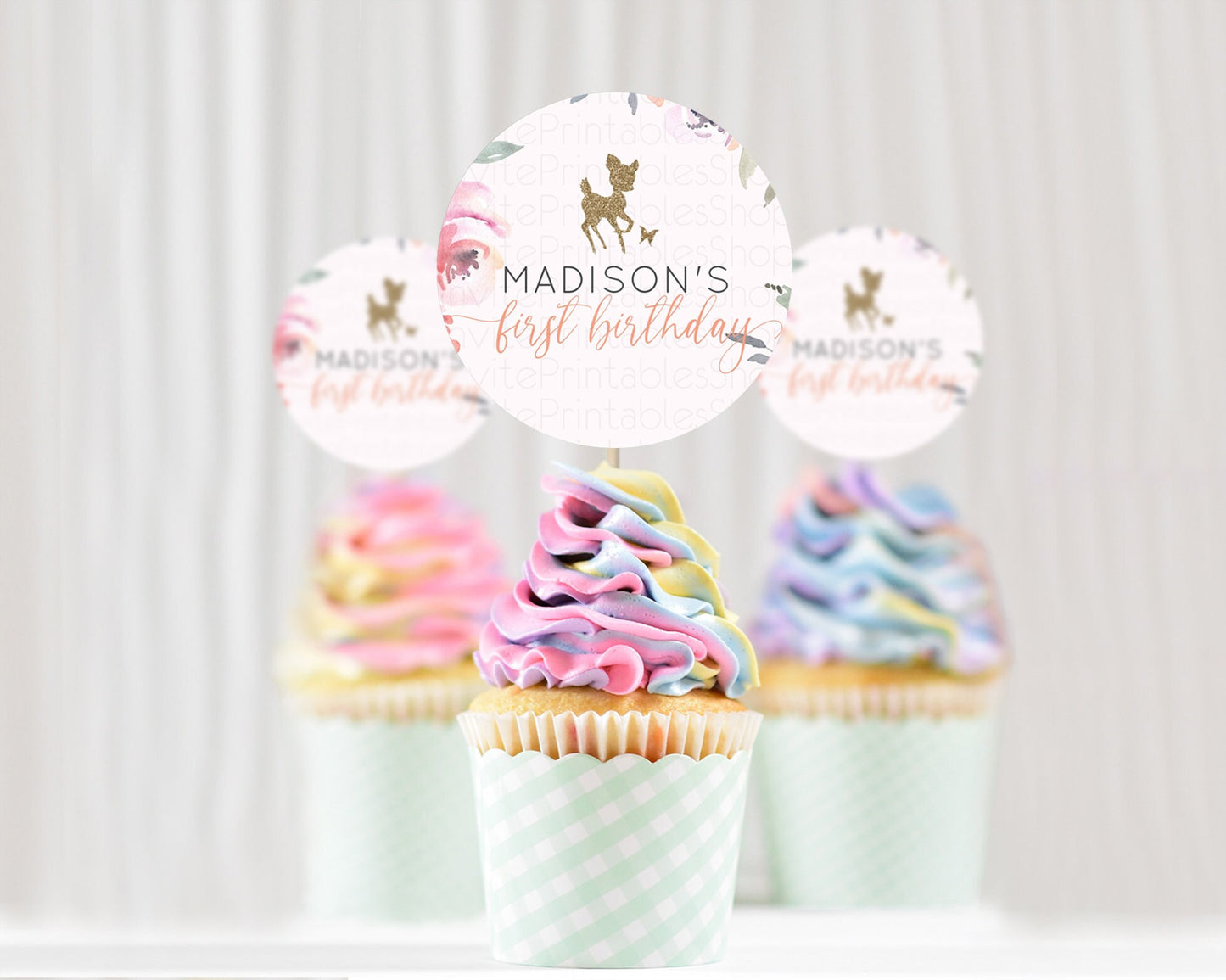 Fawn Cupcake Toppers Deer Cupcake Toppers Enchanted Forest Party Butterfly Pastel Flowers Woofland Cupcake Toppers First Birthday D10196