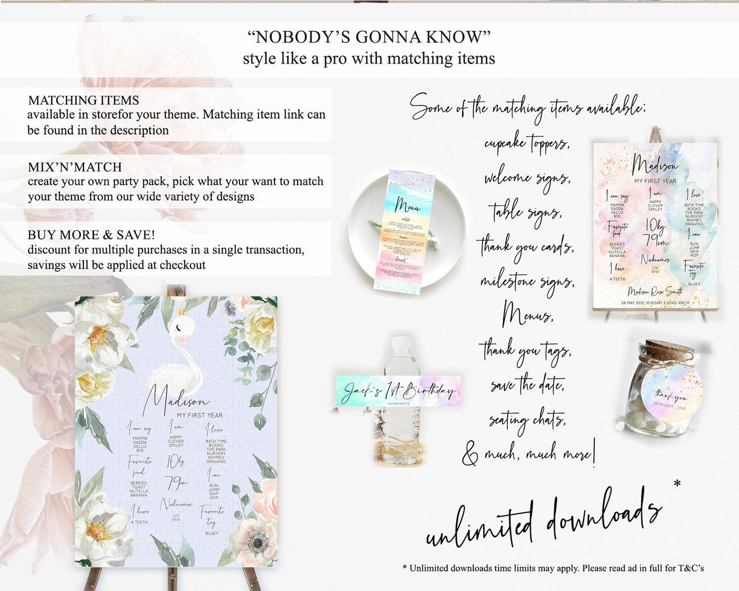 Swan First Birthday Milestone Poster Swan Princess Ballet Milestone Board Enchanted Forest Swan Lake Secret Garden Pastel Floral D10756