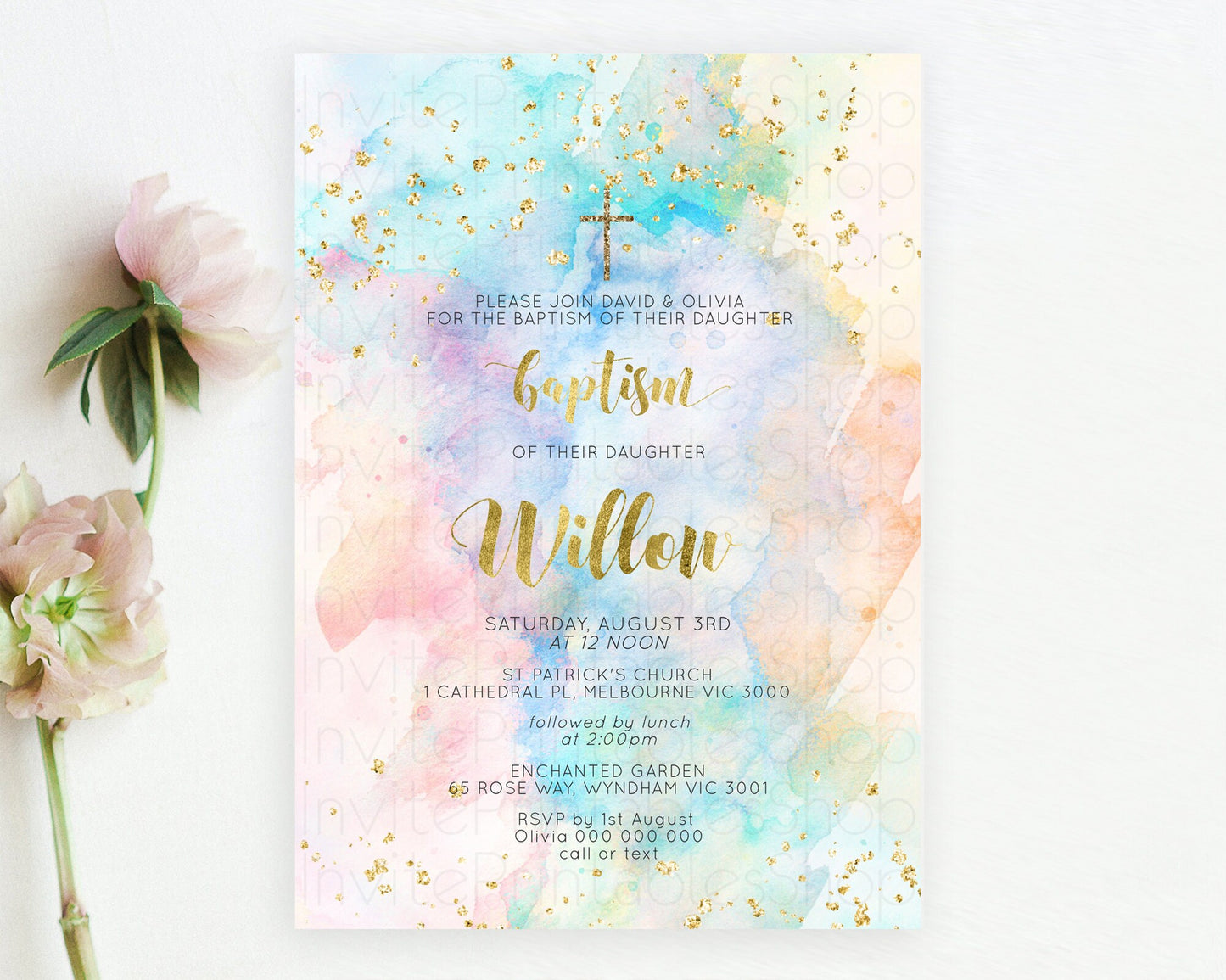 Pastel Baptism Invitation Pastel Colors Watercolor Baptism 1st Birthday Party Gold Ombre Pastel Rainbow Christening Holy Communion D10272