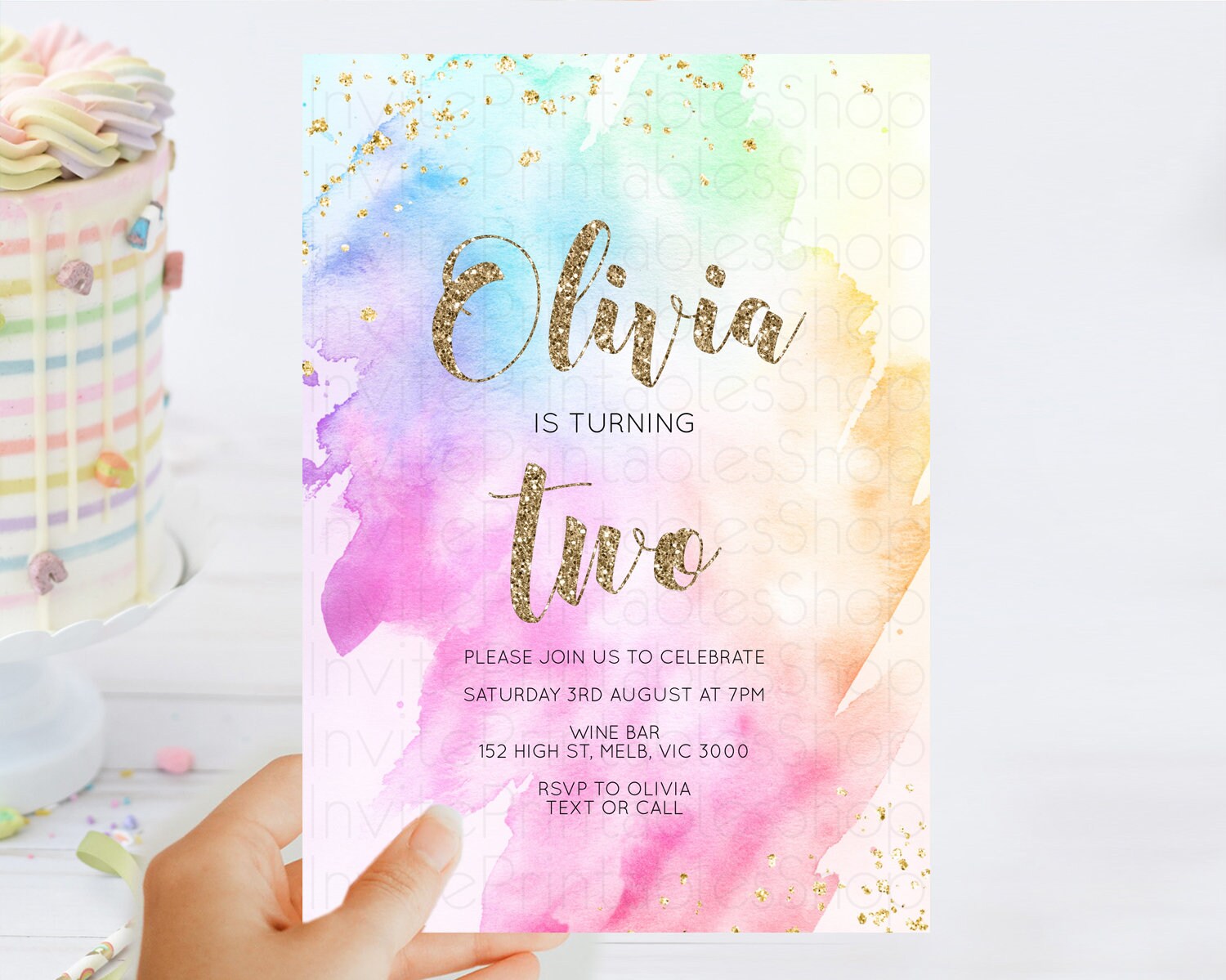 Editable Rainbow Birthday Invitation Colorful Pastel Watercolor Invitation G