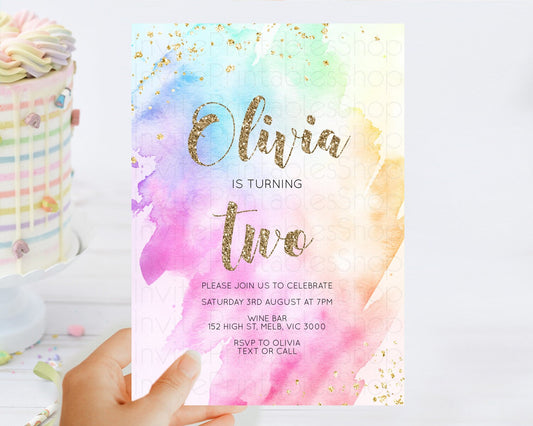 Editable Rainbow Birthday Invitation Colorful Pastel Watercolor Invitation G