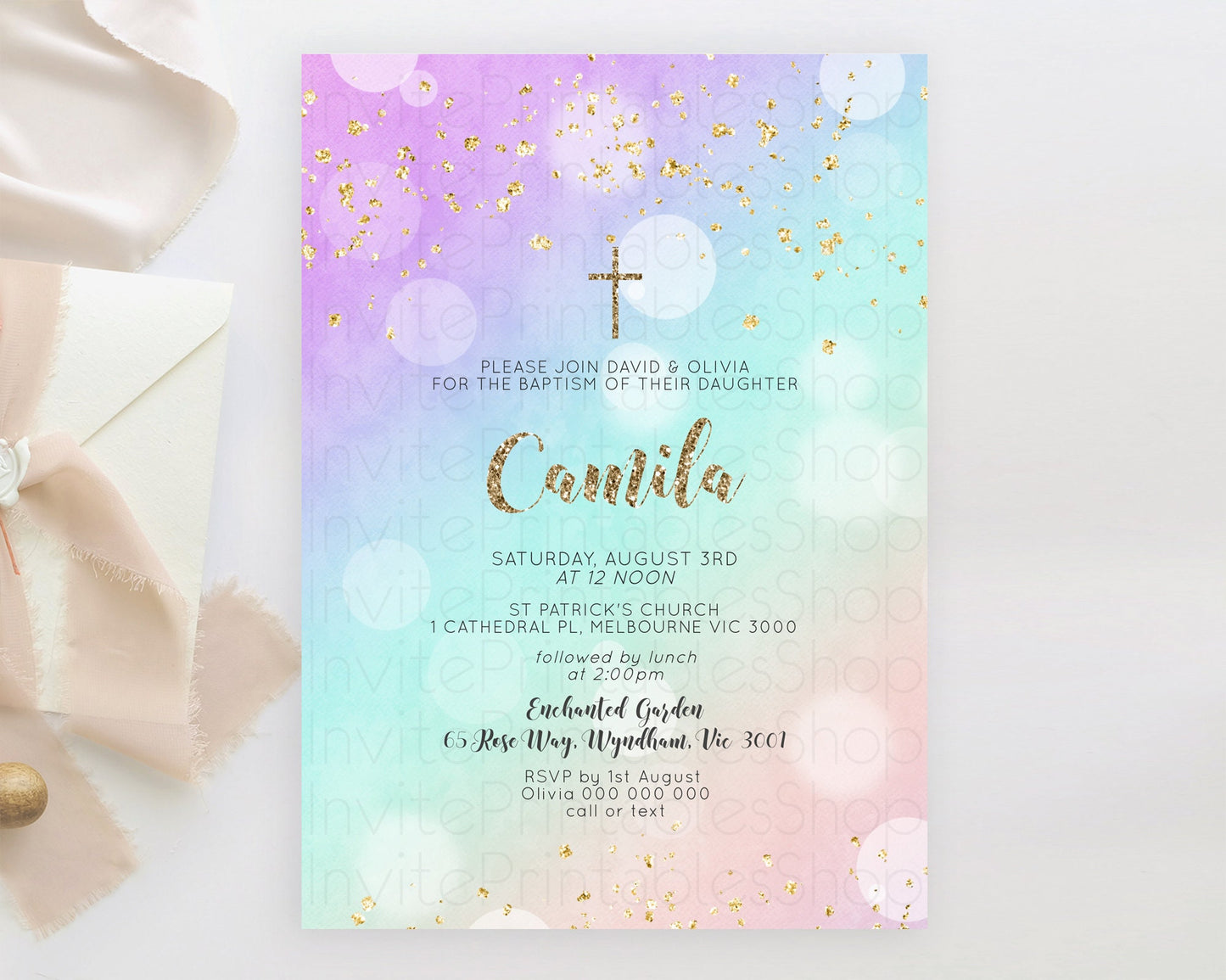 Pastel Baptism Invitation Pastel Colors Watercolor Baptism 1st Birthday Party Gold Ombre Pastel Rainbow Christening Holy Communion D10621