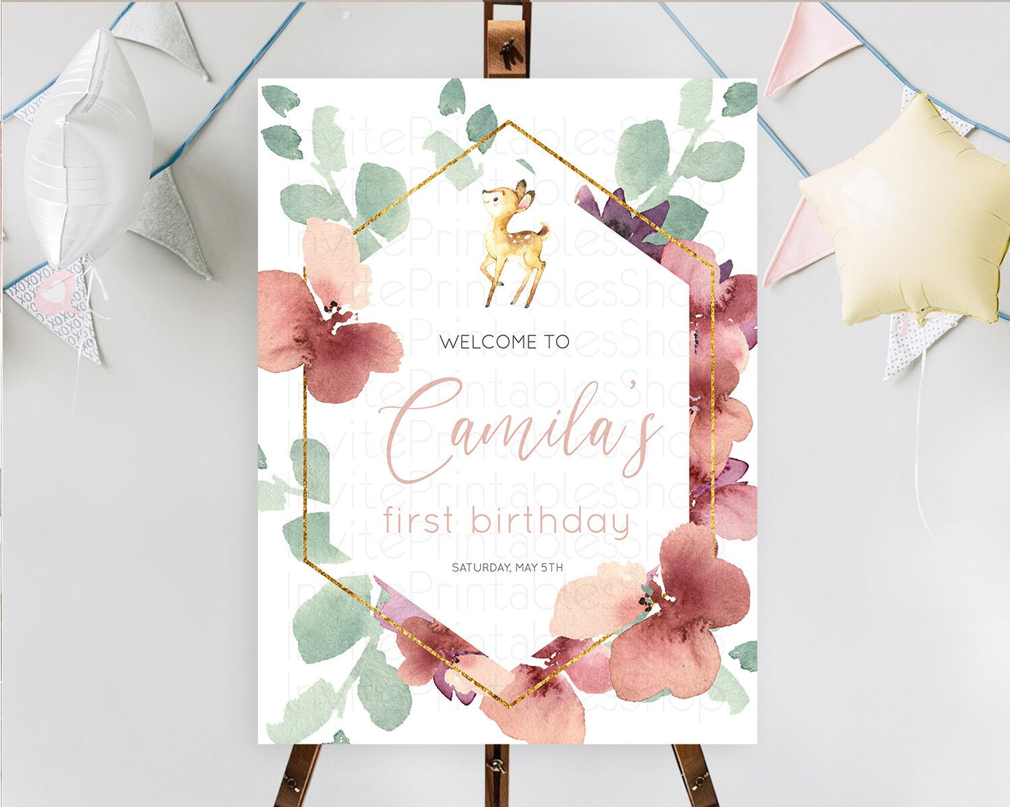 Fawn Welcome Sign Deer Welcome Board Floral Deer Welcome Poster Enchanted Forest Butterfly Pastel Floral First Birthday Welcome Sign D10915