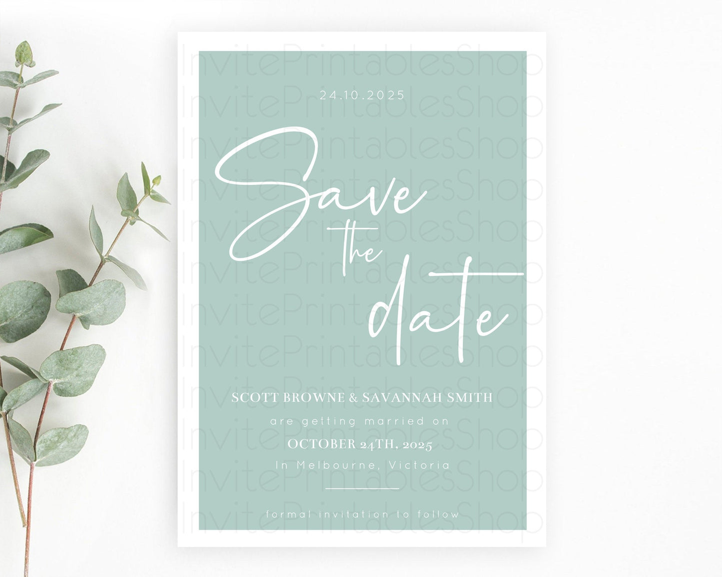 Minimalist Green Save The Date Template Simple Modern Green Party Theme For 1st Birthday Baptism Baby Shower Wedding Bridal Shower D10736