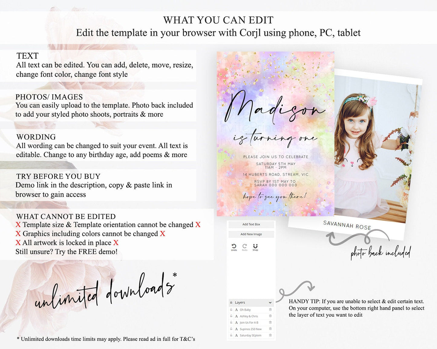 Rainbow Birthday Invitation Colorful Pastel Watercolor Invitation Gold Glitter Sprinkles Ombre Pastel 1st 2nd 3rd Birthday D10610