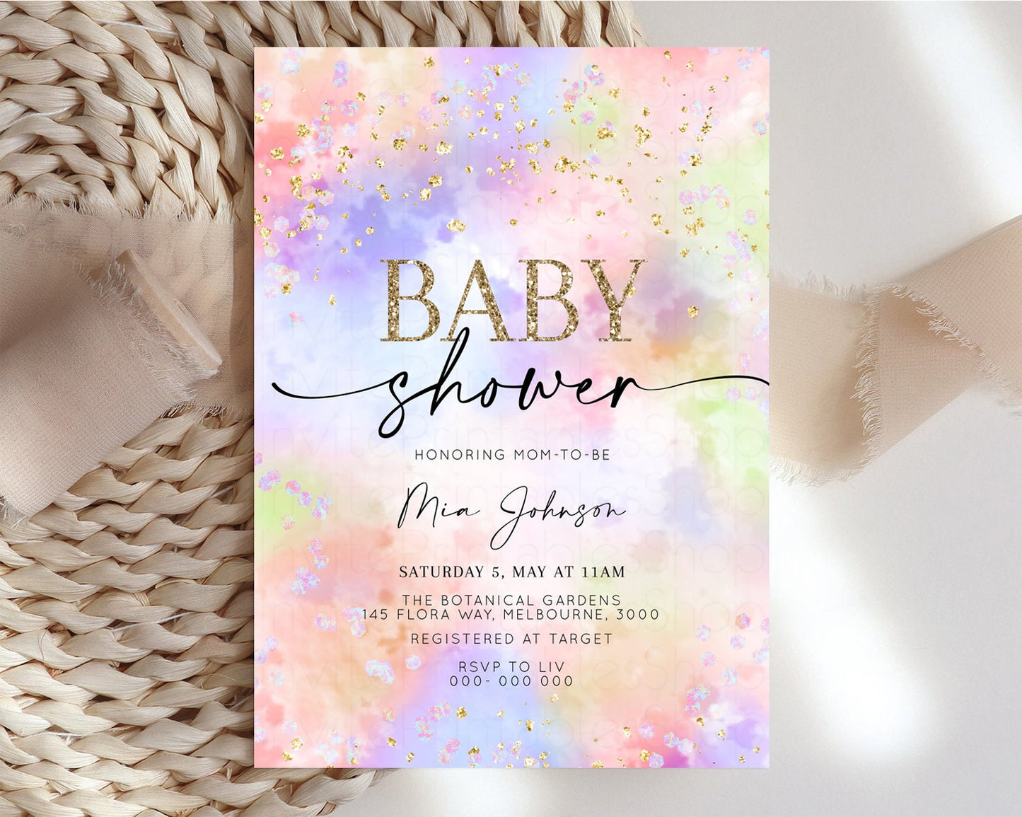 Rainbow Baby Shower Invitation Watercolor Pastel Invitation Colorful Splash Baby Invite Glitter Sprinkles Ombre Clouds Invite Whimsical K589