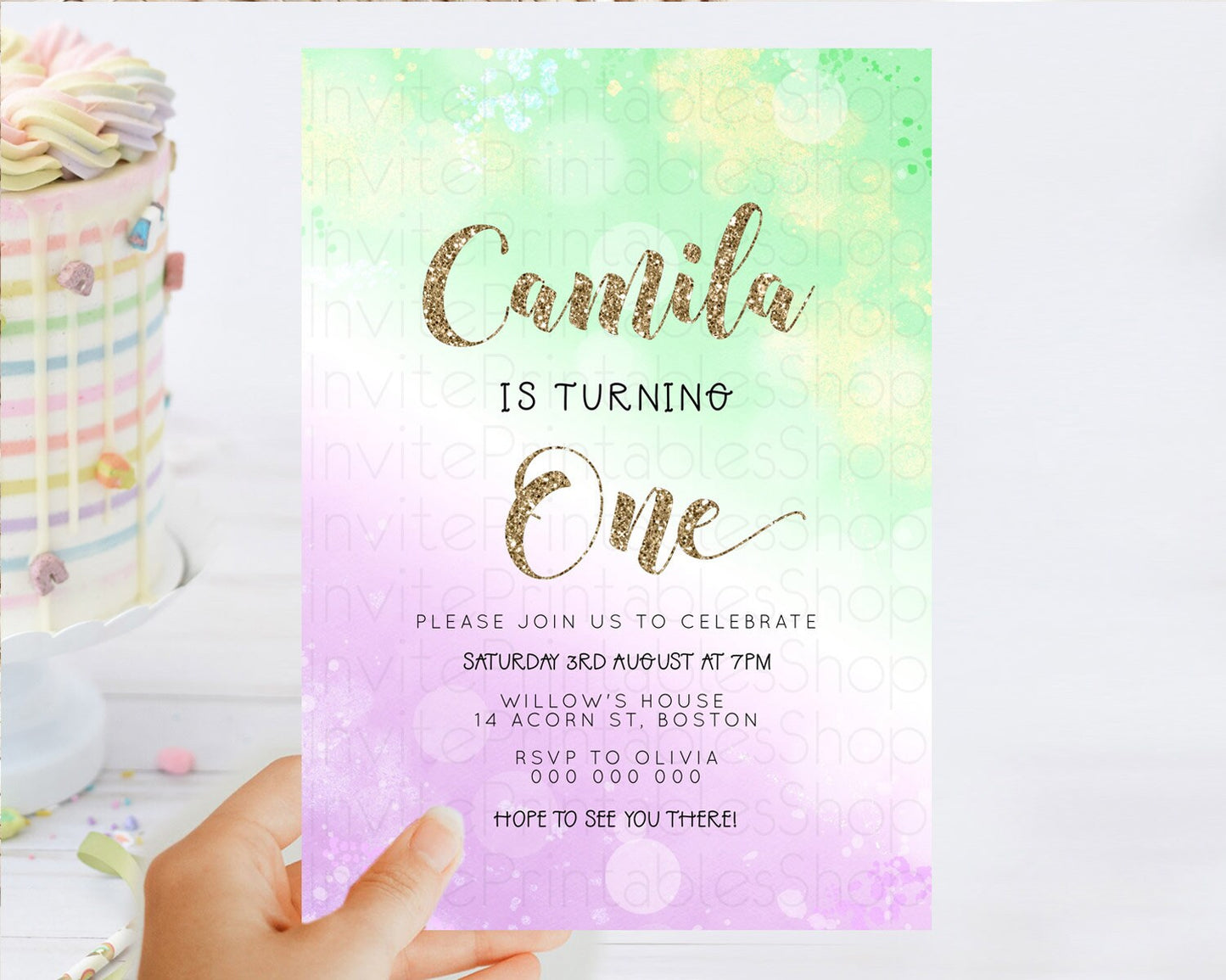 Rainbow Birthday Invitation Colorful Pastel Watercolor Invitation Gold Glitter Sprinkles Ombre Pastel 1st 2nd 3rd Birthday D23121