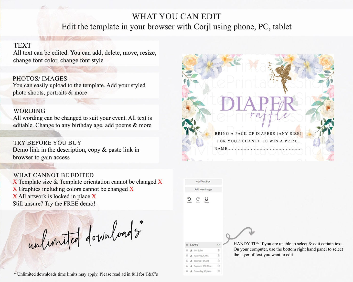 Fairy Diaper Raffle Card Fairy Diaper Insert Enchanted Garden Fairy Diaper Ticket Pastel Floral Butterfly Secret Garden Raffle Game D10474