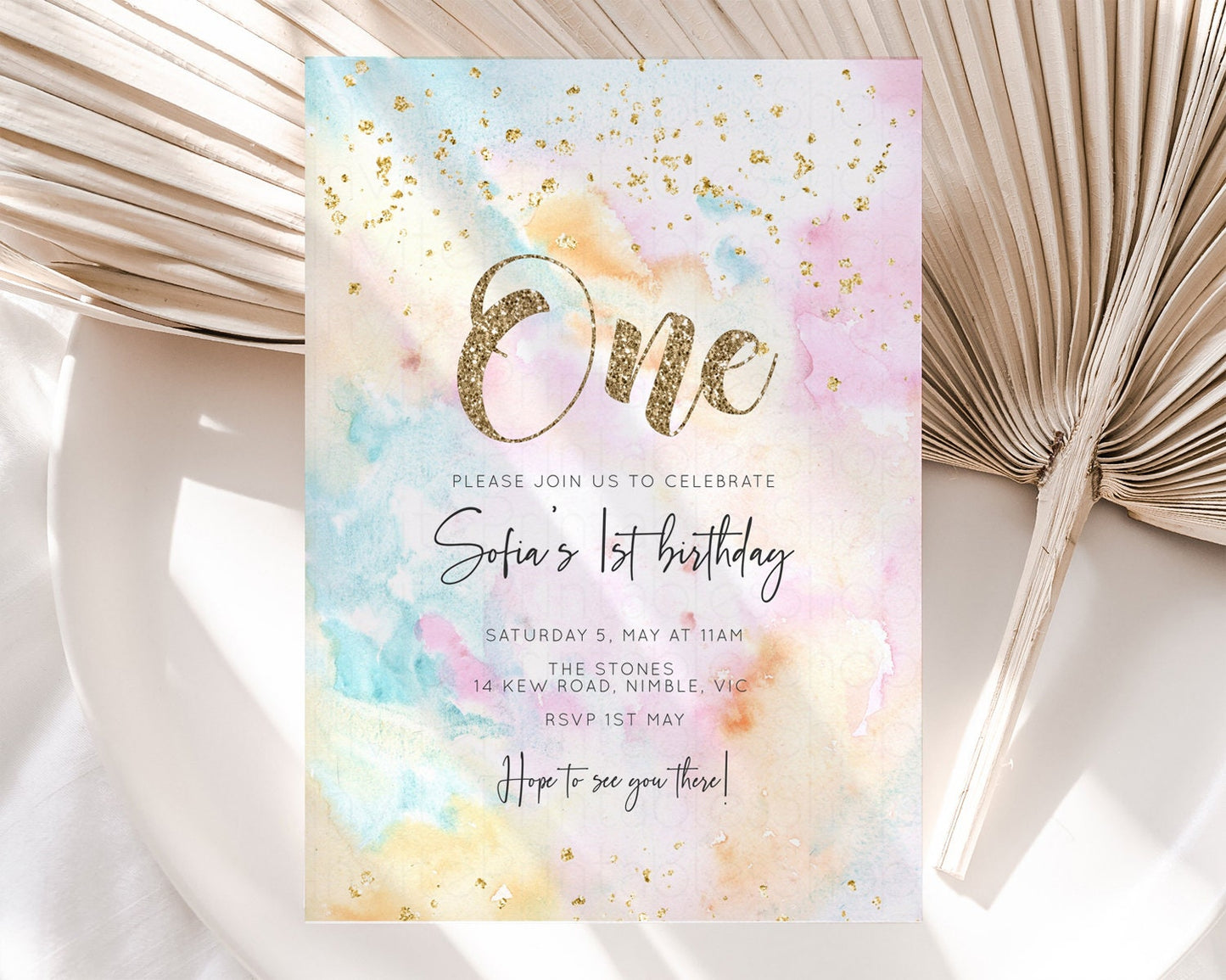 Rainbow Birthday Invitation Glitter Pastel Invitation Colorful Watercolor Gold Foil Splatter Sprinkles Ombre Glitter Invite 1st 2nd 3rd G566