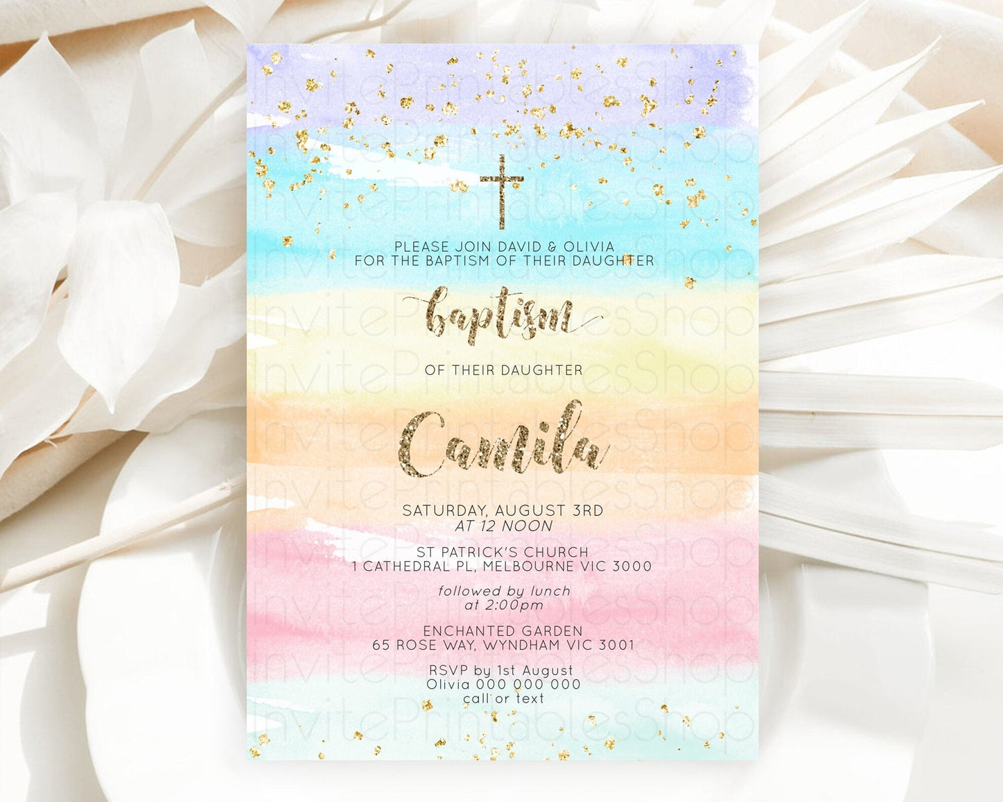 Pastel Baptism Invitation Pastel Colors Watercolor Baptism 1st Birthday Party Gold Ombre Pastel Rainbow Christening Holy Communion D10508