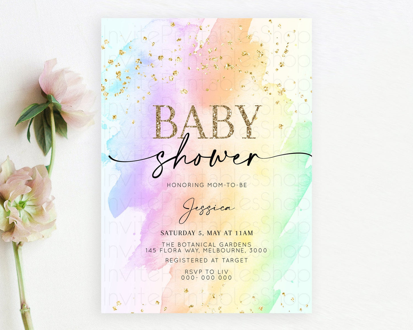 Pastel Baby Shower Invitation Rainbow Baby Shower Invitation Colorful Pastel Watercolor Invitation Gold Glitter Sprinkles Ombre D10645