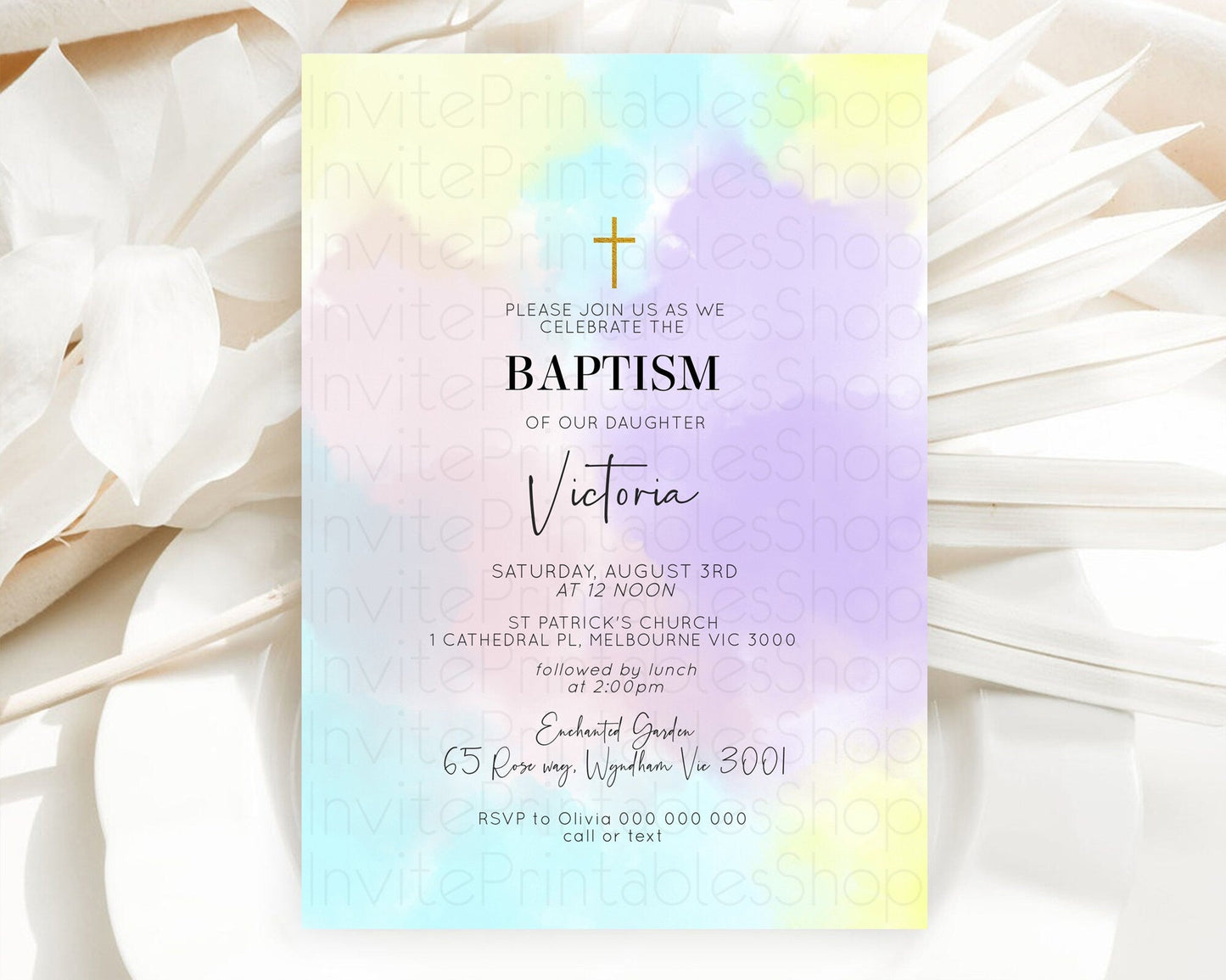 Pastel Baptism Invitation Pastel Colors Watercolor Baptism 1st Birthday Party Gold Ombre Pastel Rainbow Christening Holy Communion D10617