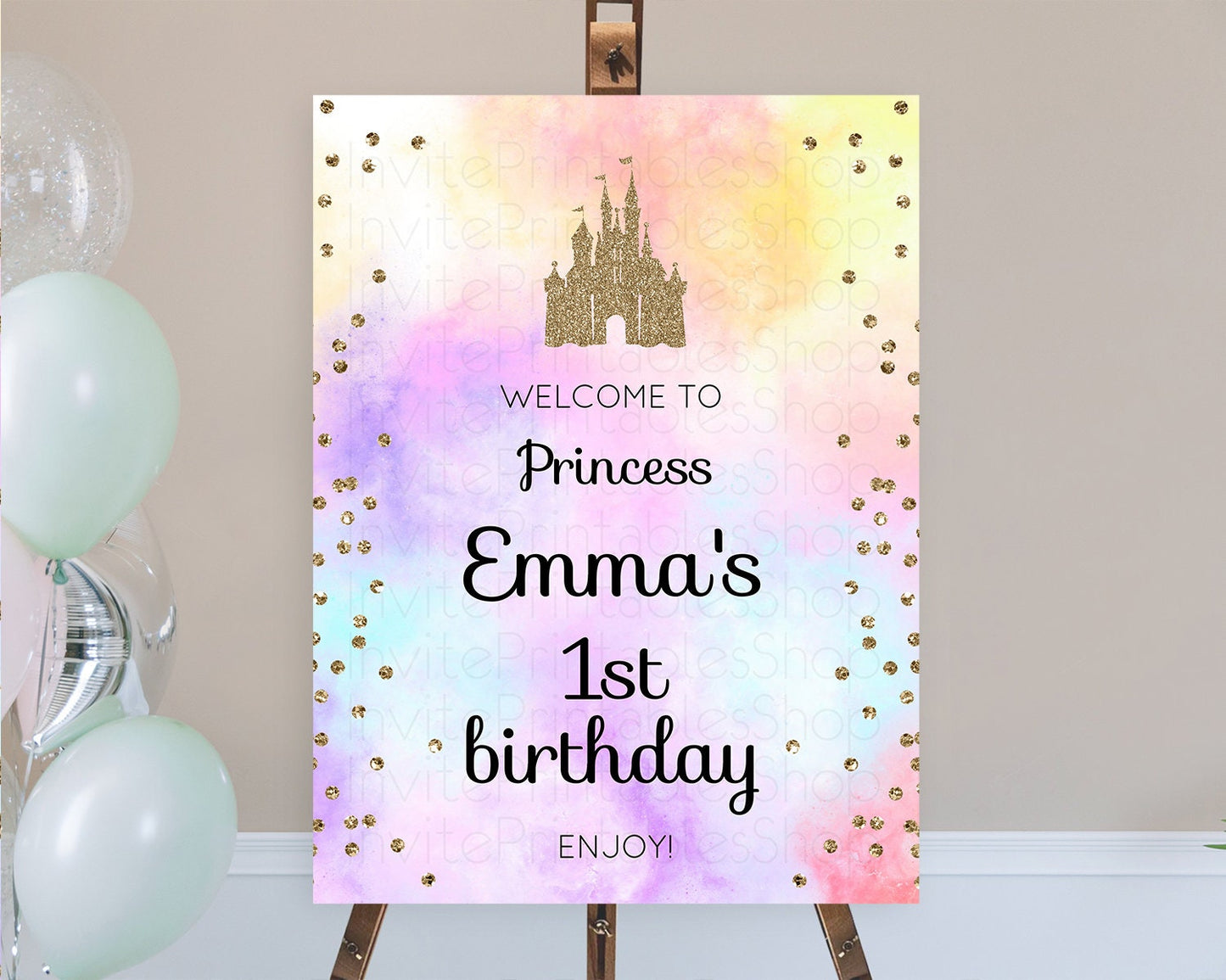 Princess Birthday Welcome Sign Pastel Princess Welcome Board Pastel Rainbow Colorful Enchanted Castle First Birthday Welcome Sign D10148