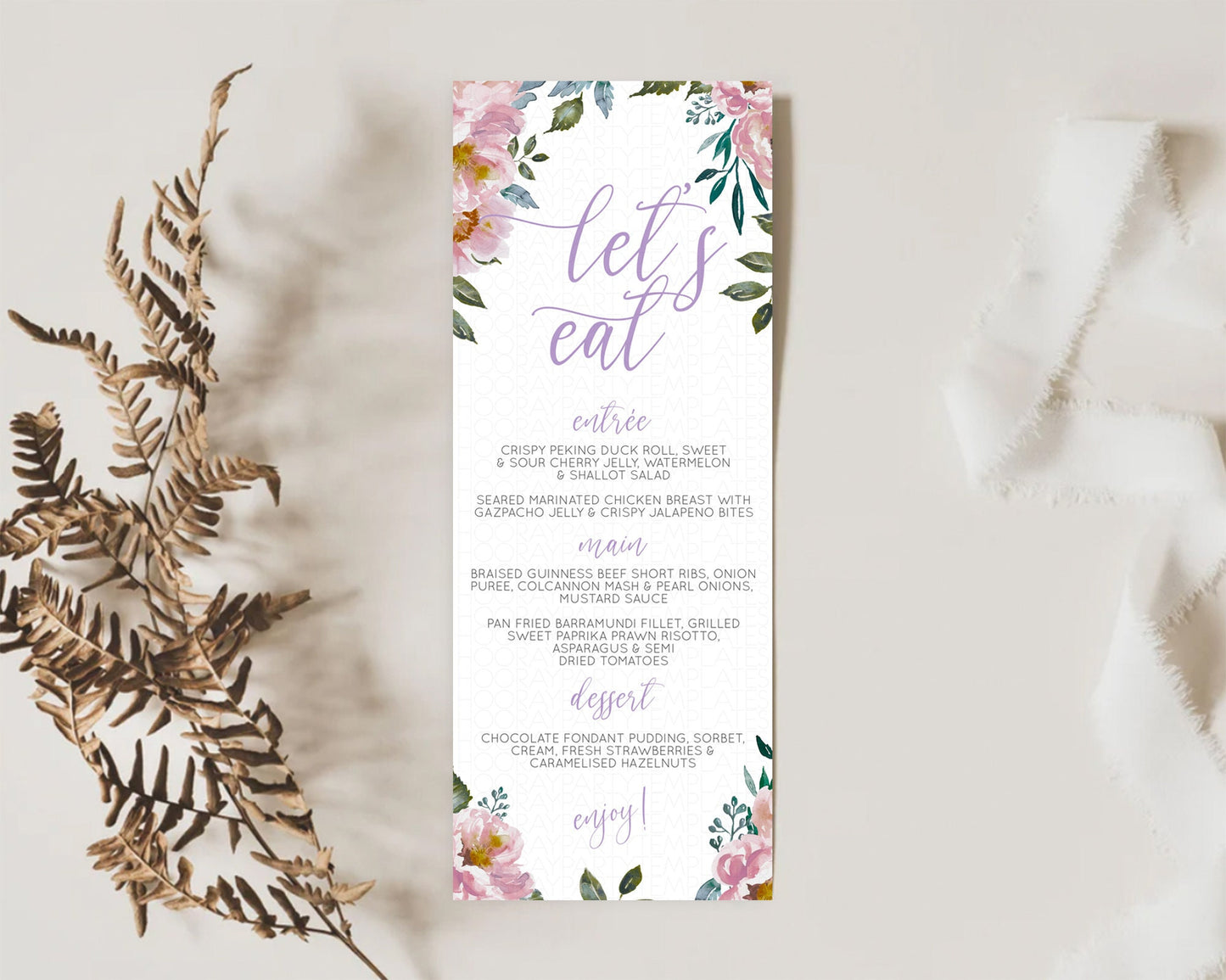 Secret Garden Menu Wildflower Menu Template Pastel Flower Garden Table Decor Boho Floral Dinner Dessert Floral Party Food Menu D10729