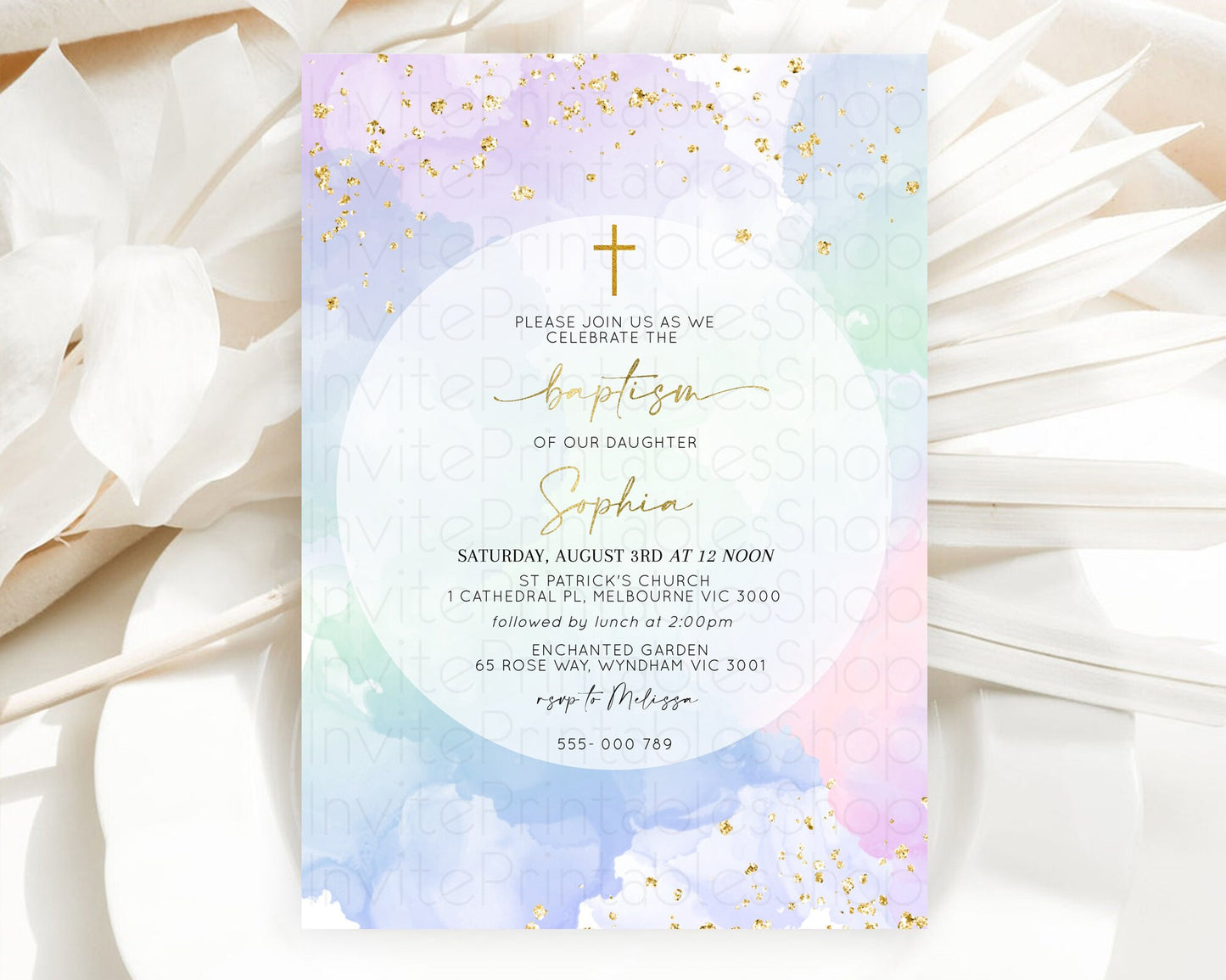 Pastel Baptism Invitation Pastel Colors Watercolor Baptism 1st Birthday Party Gold Ombre Pastel Rainbow Christening Holy Communion D10624