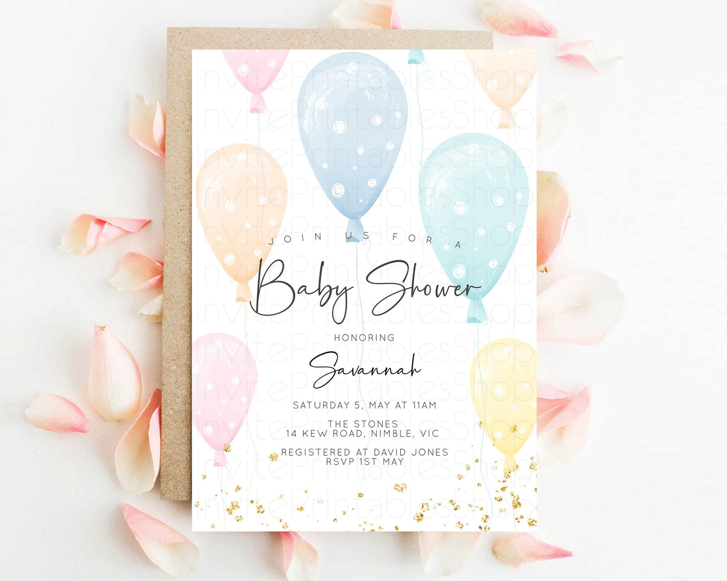 Balloon Baby Shower Invitation Rainbow Pastel Colorful Glitter Sprinkles Confetti Gender Neutral Pink Blue Green Yellow Editable Invite 154