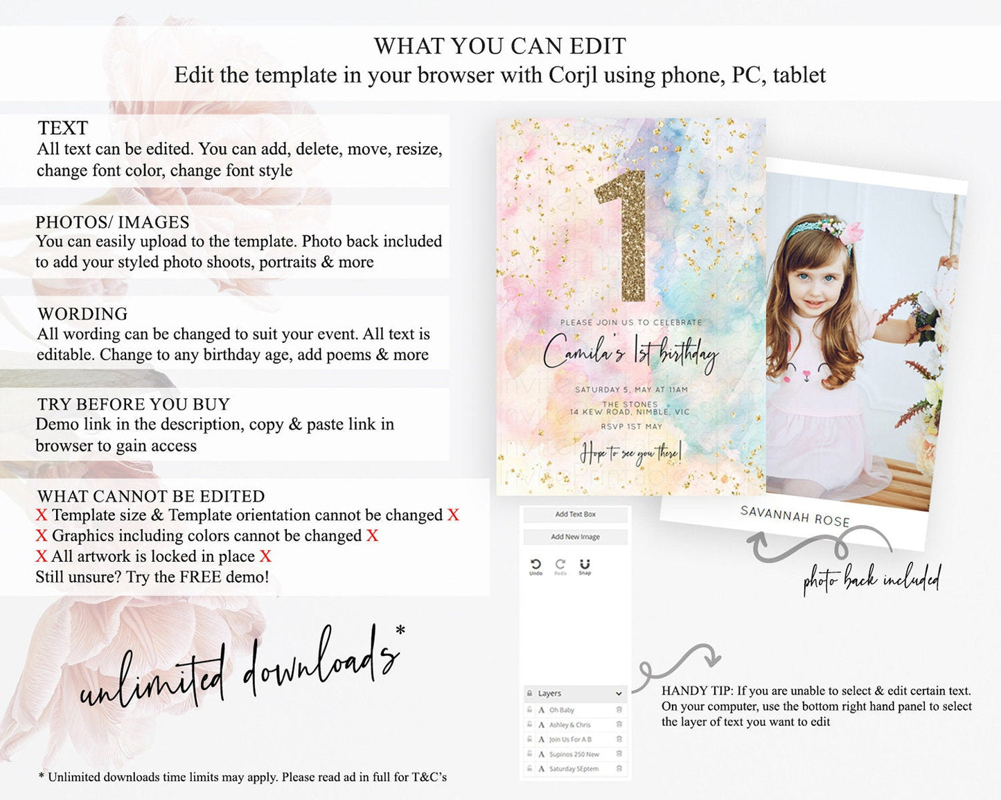 Rainbow Birthday Invitation Colorful Pastel Watercolor Invitation Gold Glitter Sprinkles Ombre Pastel 1st 2nd 3rd Birthday D10276