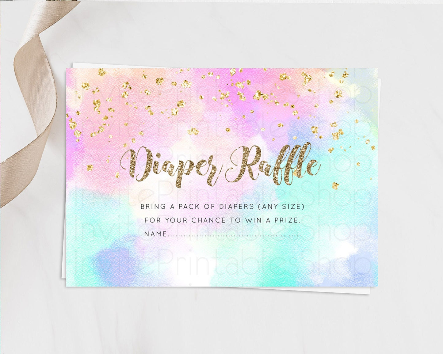 Pastel Diaper Raffle Card Pastel Rainbow Diaper Raffle Insert Colorful Ombre Watercolor Diaper Ticket Confetti Glitter Raffle Game D10669