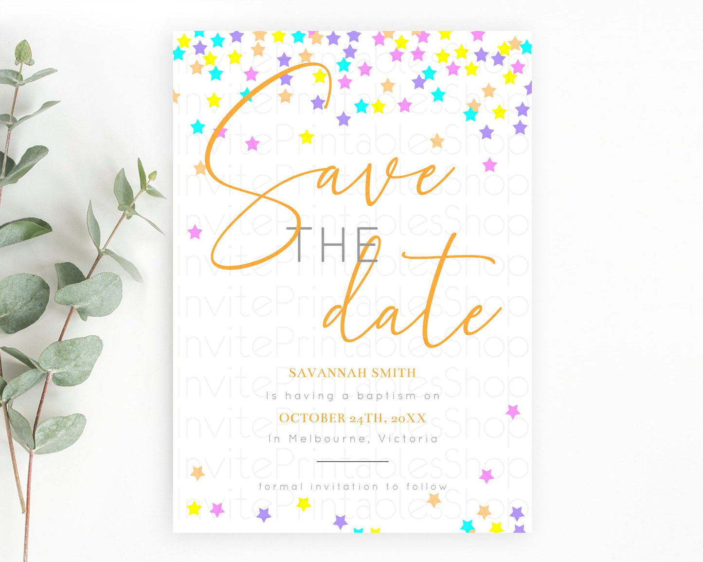 Twinkle Stars Save The Date Template Pastel Twinkle Little Star Party Shooting Star Confetti Sprinkles Birthday Baptism Baby Shower D10397