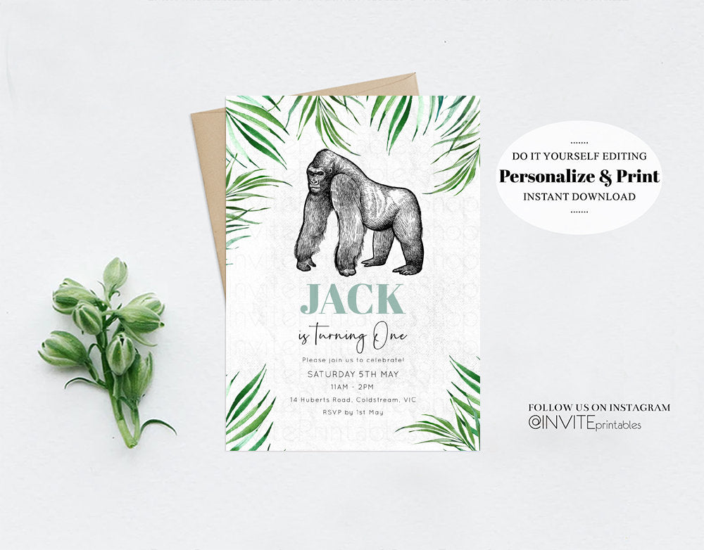 Editable Gorilla Birthday Invitation Watercolor Gorilla Tropical Palm Jungle