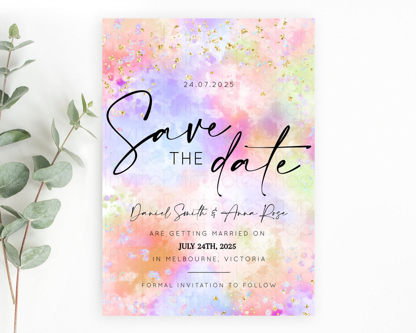 Pastel Save The Date Template Pastel Ombre Rainbow Watercolor Colorful Party For Birthday Baptism Baby Shower Wedding Bridal Shower D10610