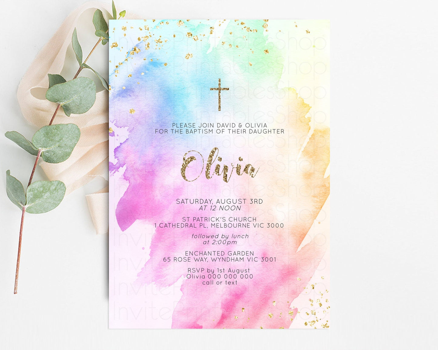 Rainbow Baptism invitation Pastel Rainbow Christening Invite Ombre Watercolor Invite Gold Glitter Sprinkle Splash Cross Religious g504