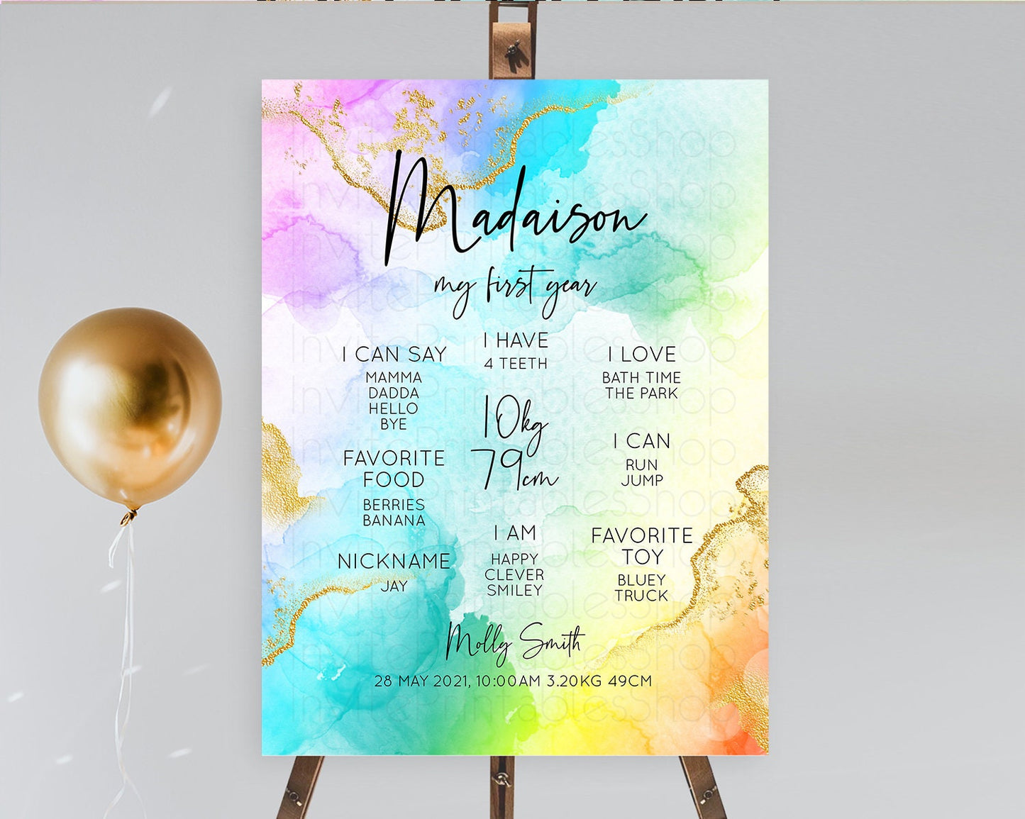 Pastel First Birthday Milestone Board Pastel Rainbow Milestone Poster Colorful Confetti Watercolor Glitter 1st Birthday Welcome Sign D10390