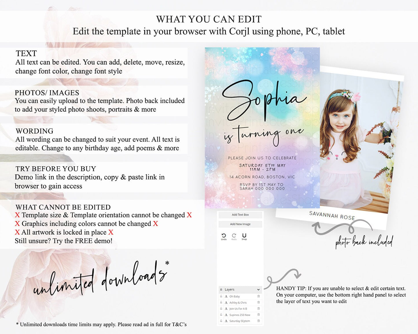 Pastel Birthday Invitation Ombre Watercolor Birthday Invitation Glitter Rainbow Color Splash 1st 2nd 3rd Birthday Invitation D23111