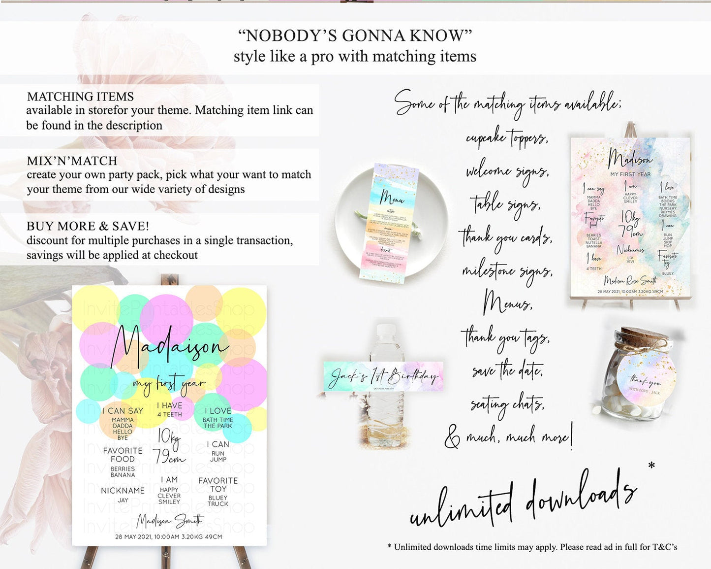 Pastel First Birthday Milestone Poster Pastel Rainbow Confetti First Birthday Milestone Board Colorful Bubbles Birthday Welcome Sign D10409