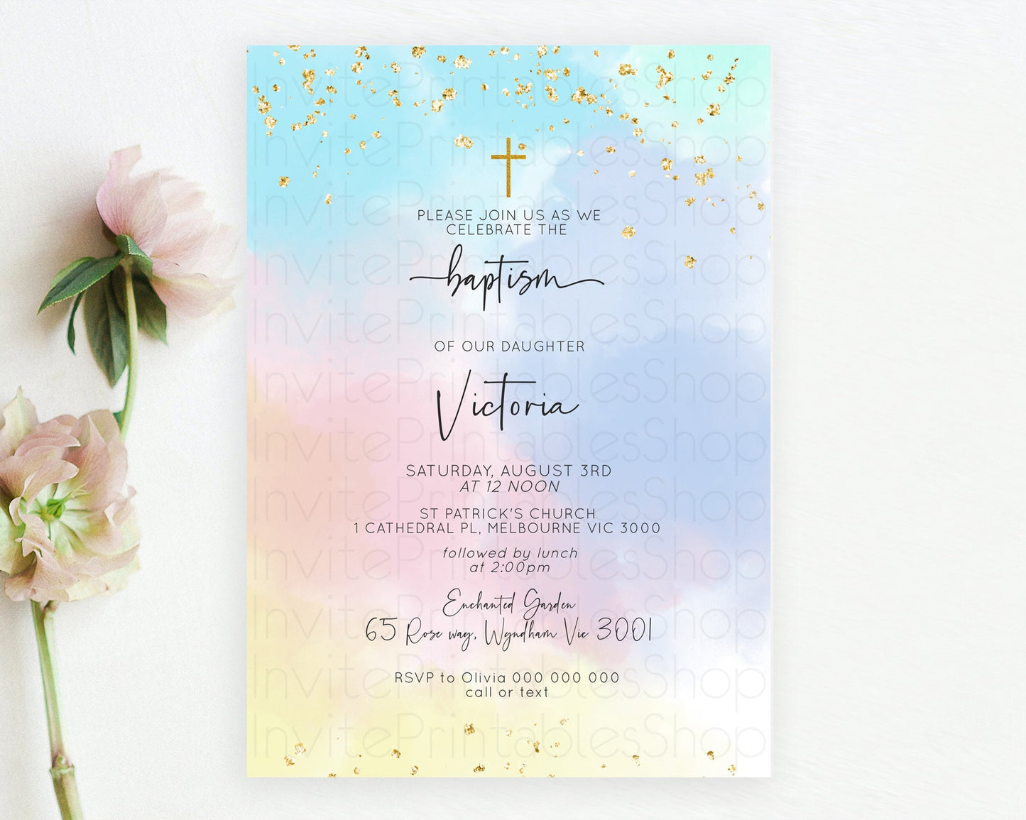 Pastel Baptism Invitation Pastel Colors Watercolor Baptism 1st Birthday Party Gold Ombre Pastel Rainbow Christening Holy Communion D10368