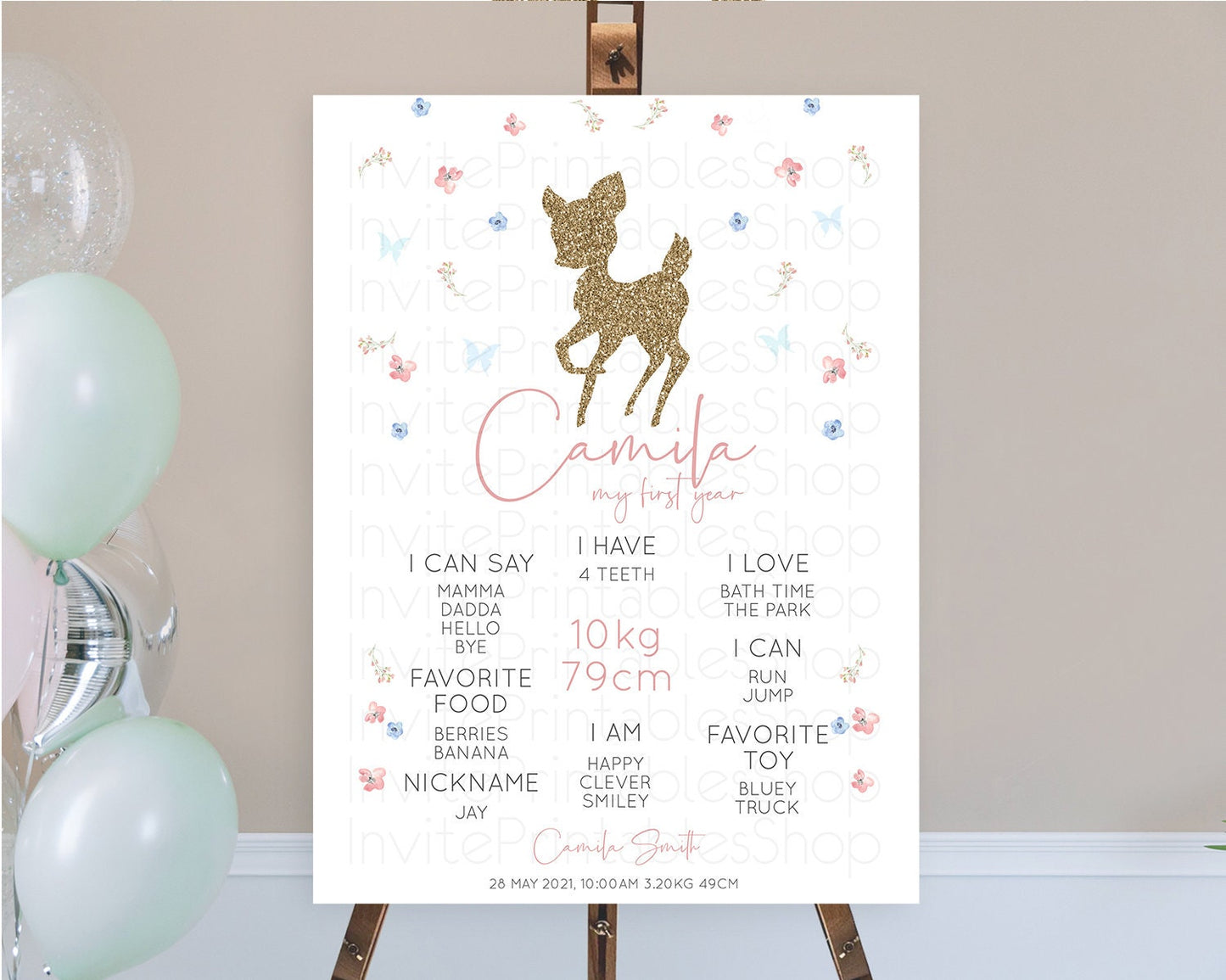 Fawn First Birthday Milestone Board Deer First Birthday Milestone Poster Enchanted Forest Butterfly Pastel Flowers 1st Birthday Sign D10359