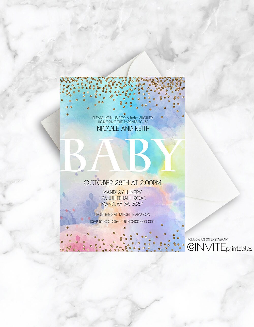 Baby Shower Invitations, Baby Shower Invites, Rainbow Baby Shower Invites, Pastel Baby Shower Invite, Pastel, Watercolor, Gold, Foil Invites