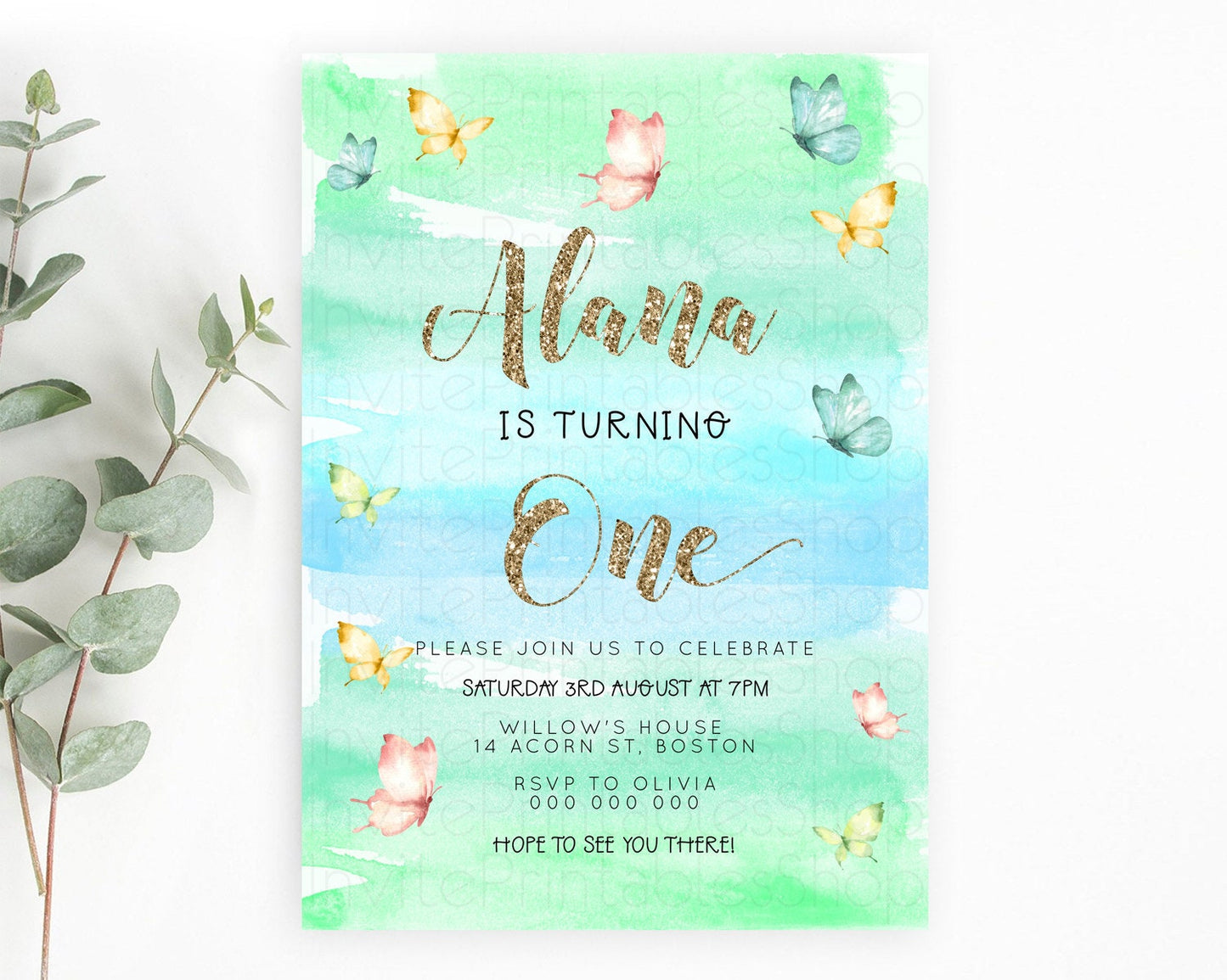 Pastel Butterfly Birthday Invitation Butterfly Birthday Invitation Colorful Splash Glitter Butterfly Garden 1st 2nd Birthday D23229