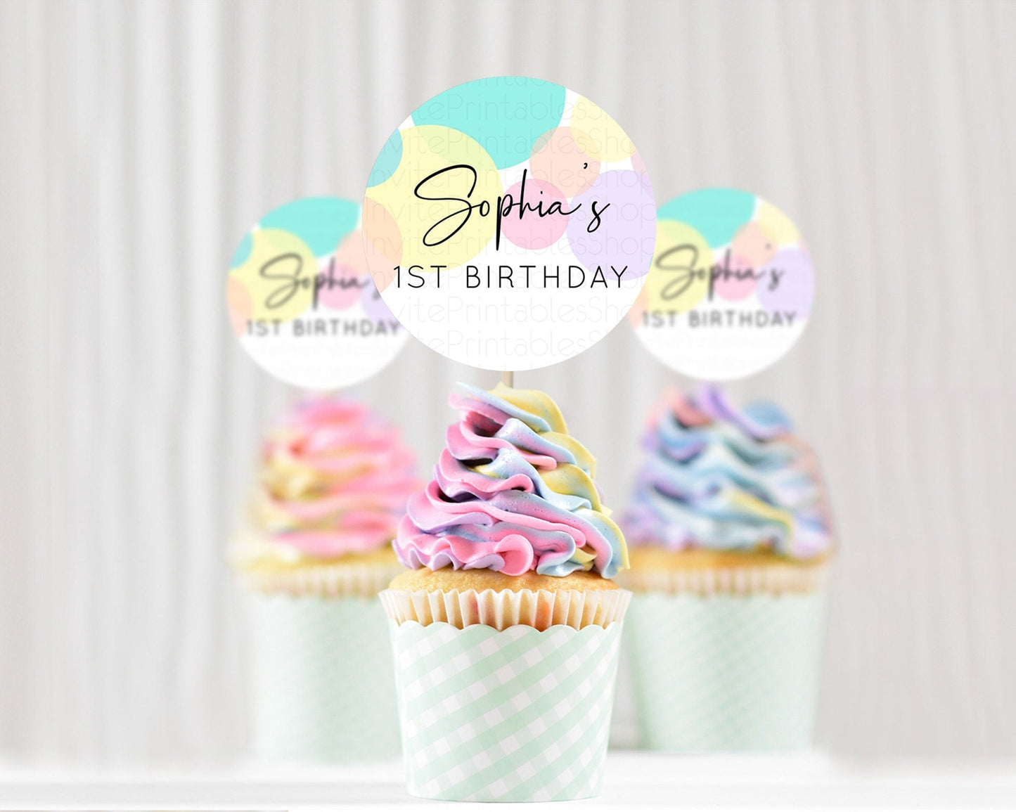 Pastel Cupcake Toppers Pastel Confetti Cupcake Topper Bubbles Sprinkles Colorful Rainbow Confetti Cupcake First Birthday Party Decor D10223