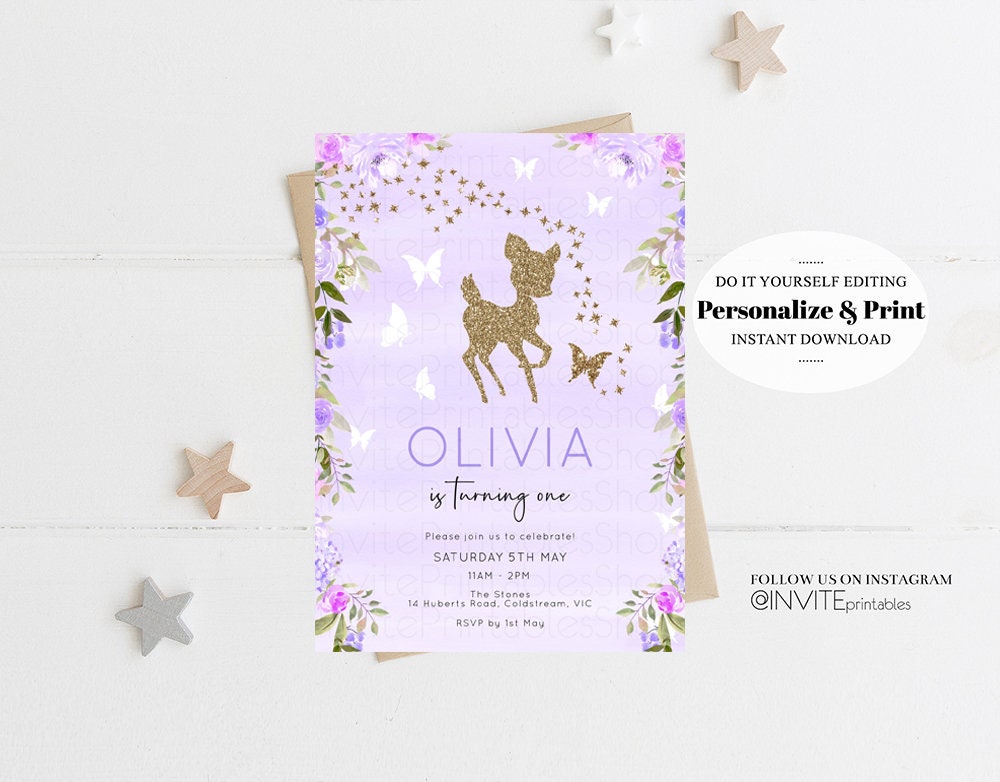 Fawn Birthday Invite Deer Birthday Invite Deer Invite Purple Fawn Party Invite Pastel Floral Invite Glitter Invite Garden Party Invite