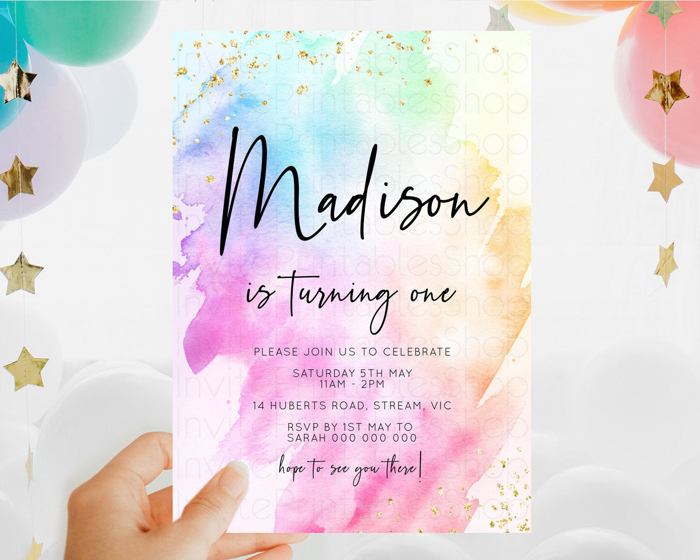 Rainbow Birthday Invitation Colorful Pastel Watercolor Invitation Gold Glitter Sprinkles Ombre Pastel 1st 2nd 3rd Birthday D10449
