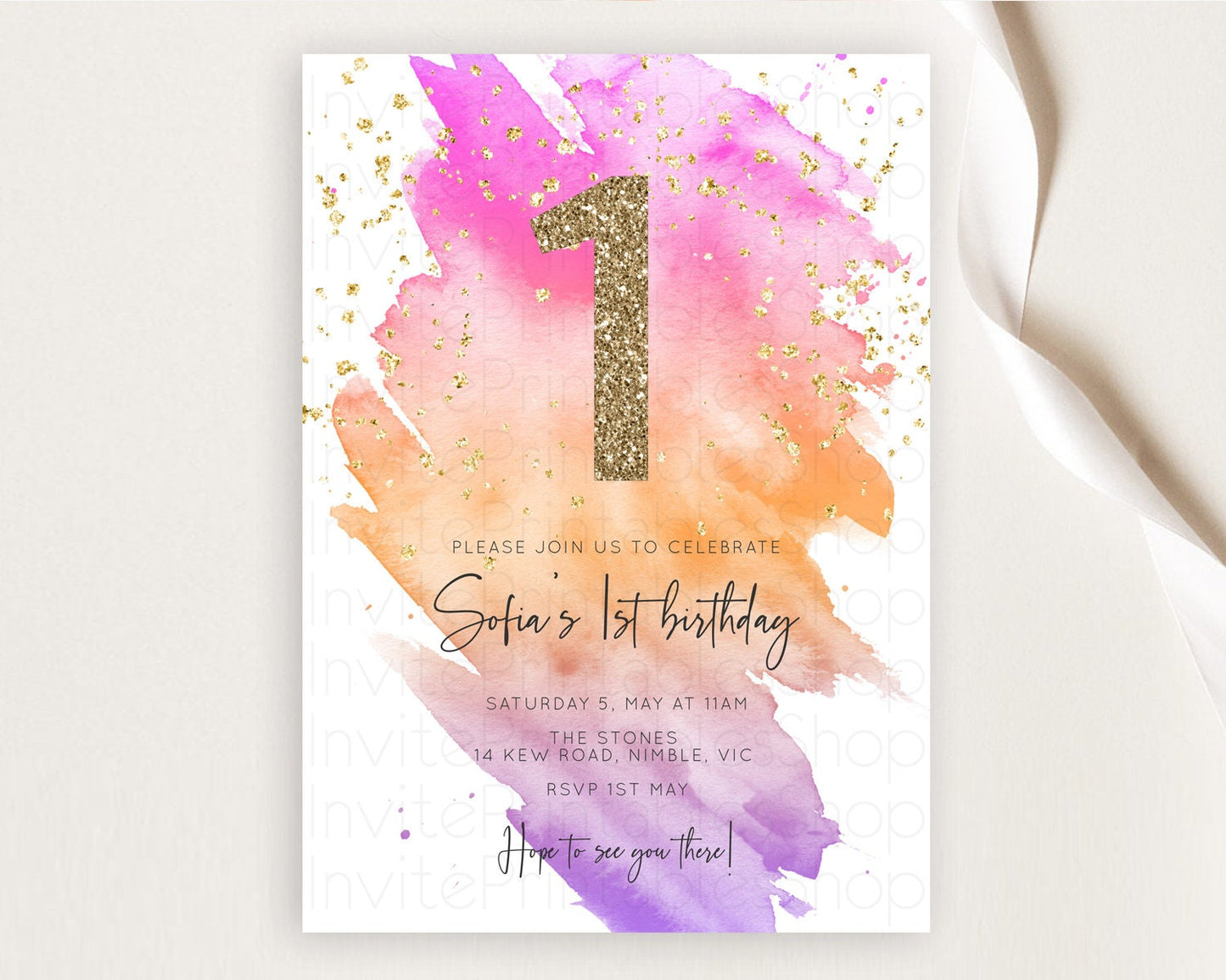 Rainbow Birthday Invitation Colorful Pastel Watercolor Invitation Gold Glitter Sprinkles Ombre Pastel 1st 2nd 3rd Birthday D10488