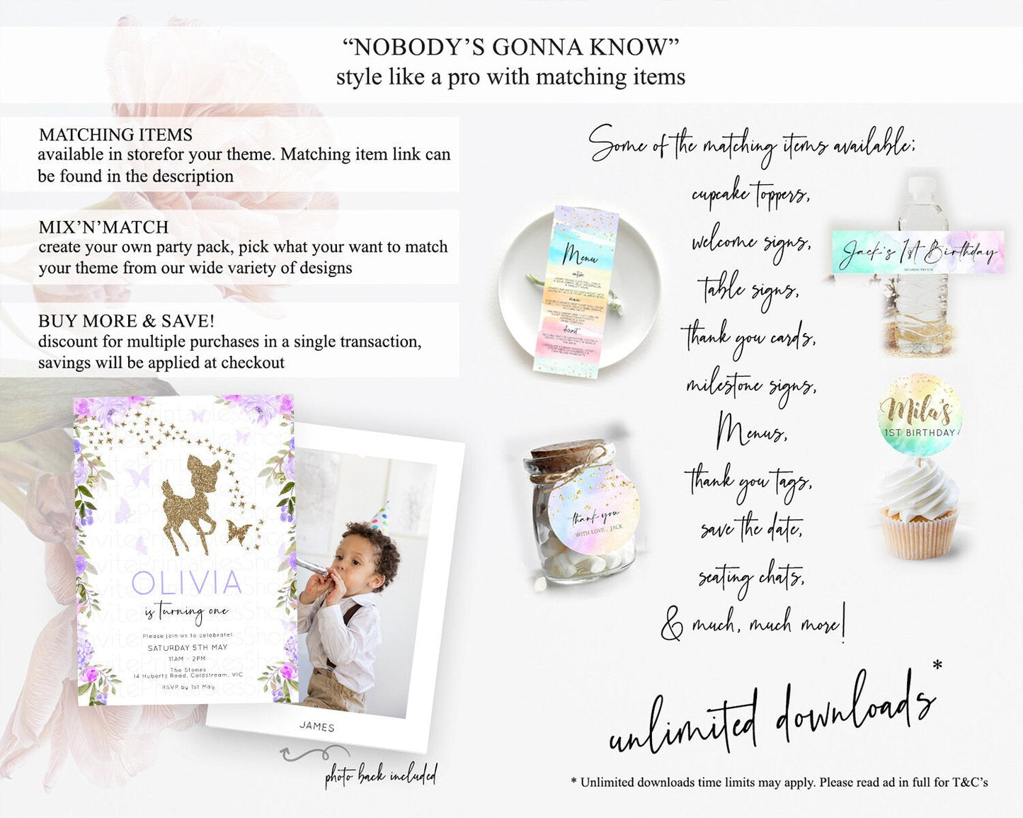 Fawn Birthday Invitation Deer Birthday Invitation Enchanted Forest Party Butterfly Pastel Flowers Whimsical 2nd 1st First Birthday D10914