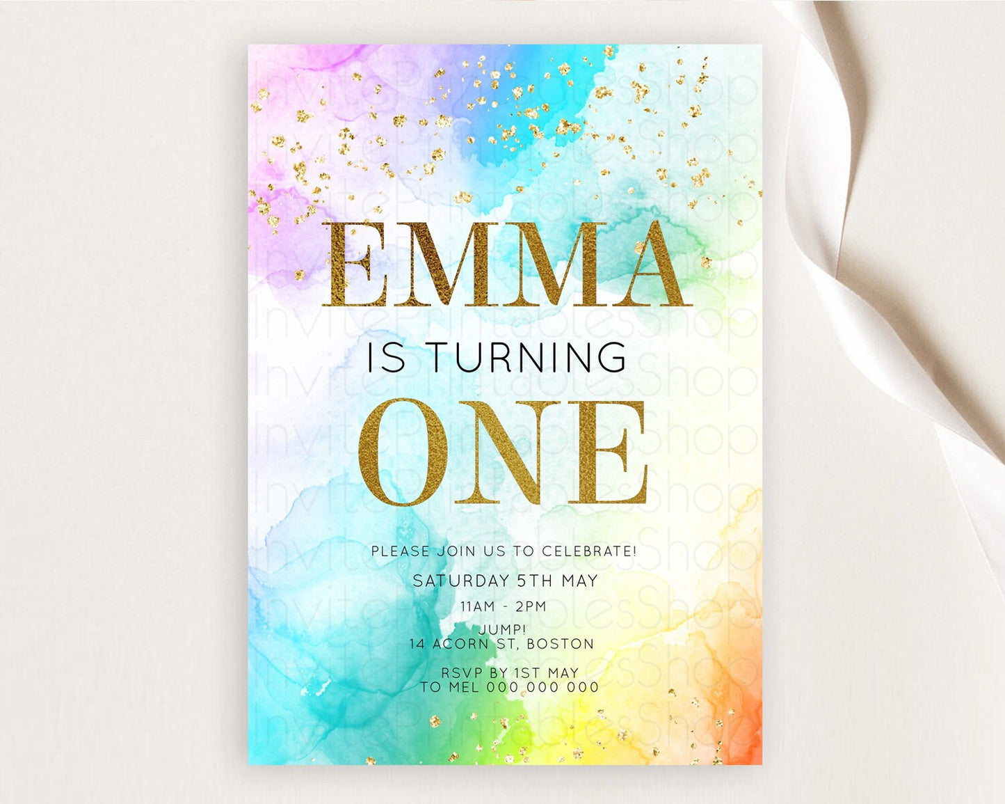 Rainbow Birthday Invitation Colorful Pastel Watercolor Invitation Gold Glitter Sprinkles Ombre Pastel 1st 2nd 3rd Birthday D10961